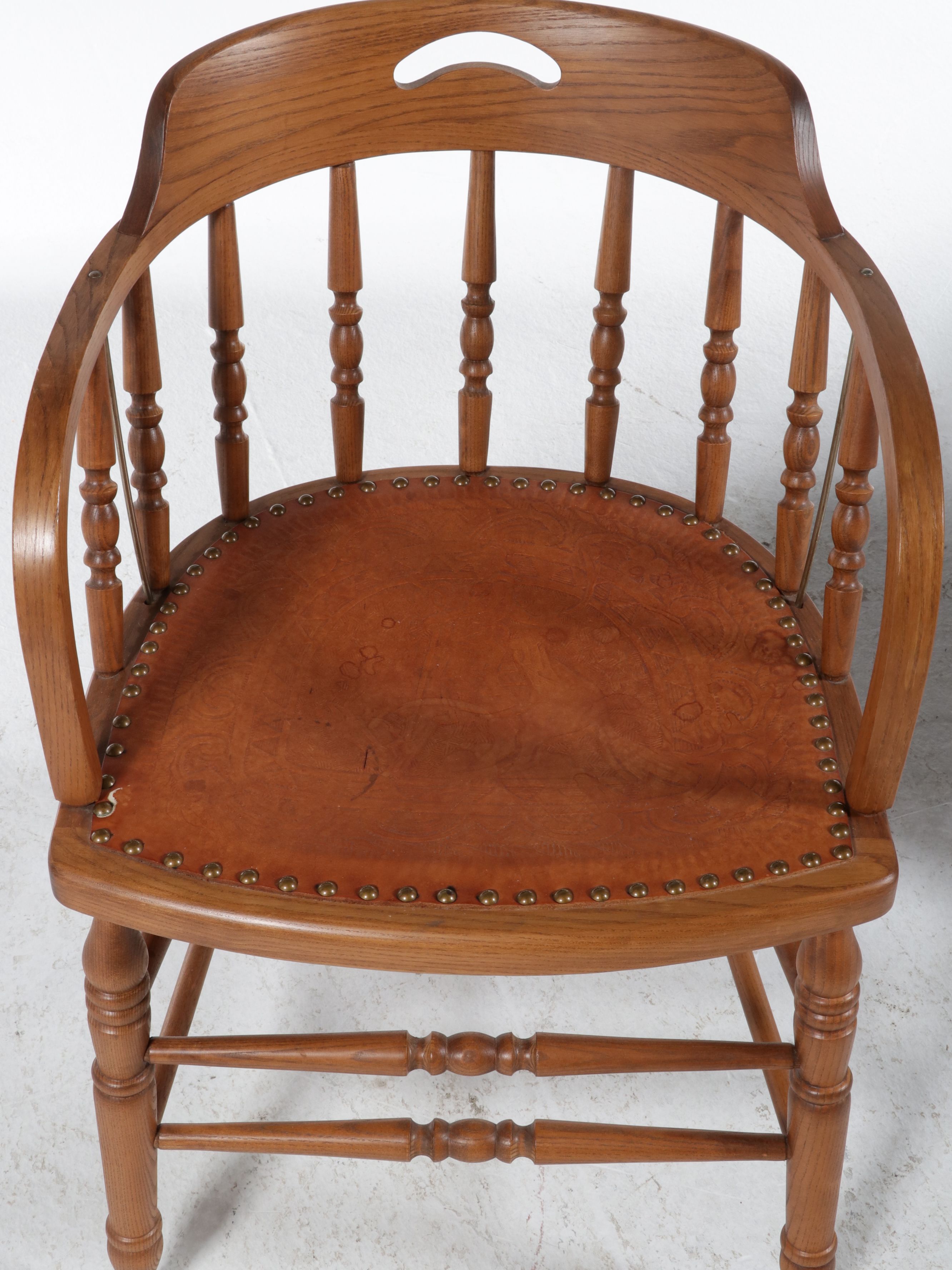 Pair of Tooled Leather Inset Oak Captain's Chairs, Late 20th Century