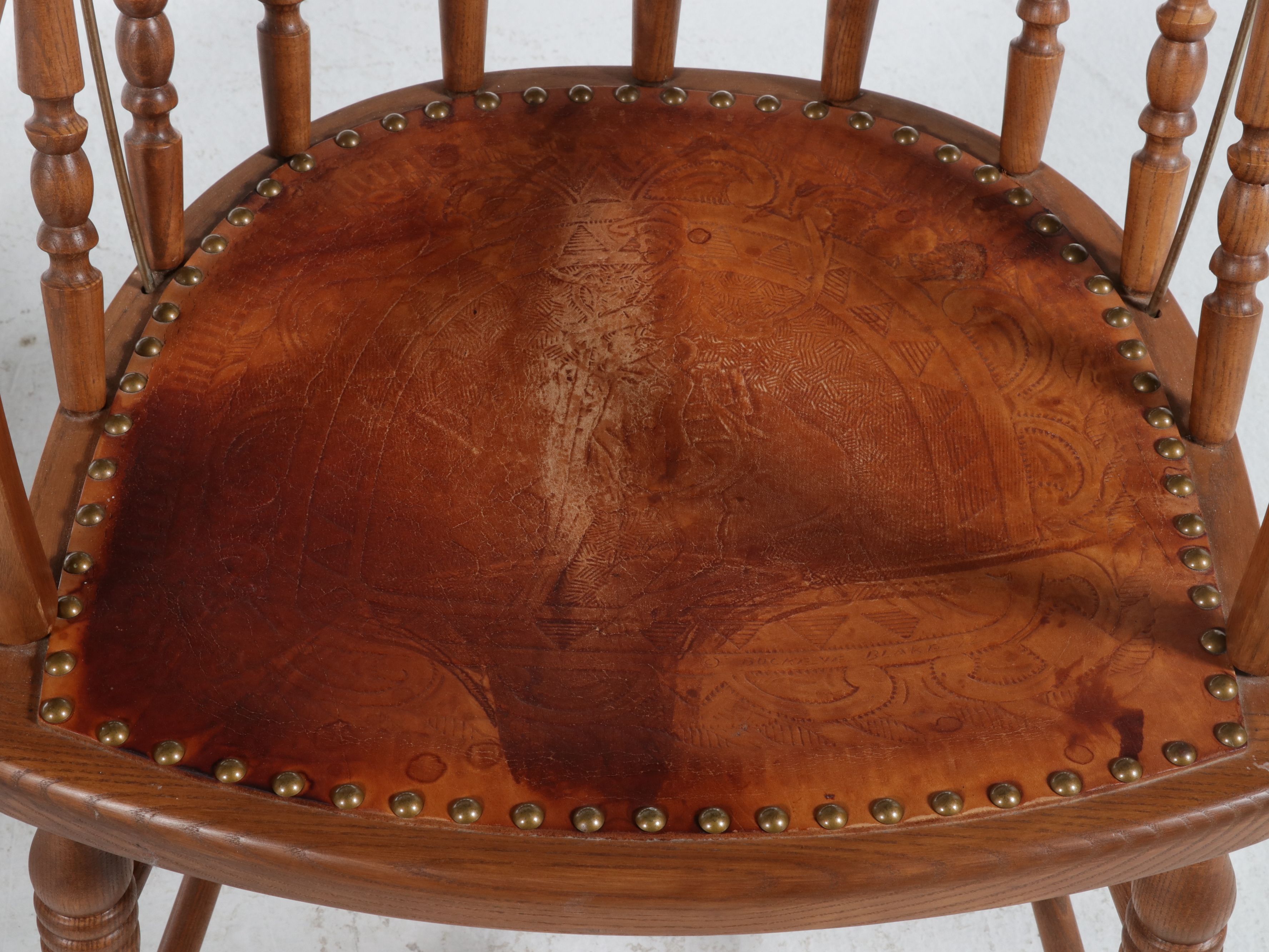 Pair of Tooled Leather Inset Oak Captain's Chairs, Late 20th Century