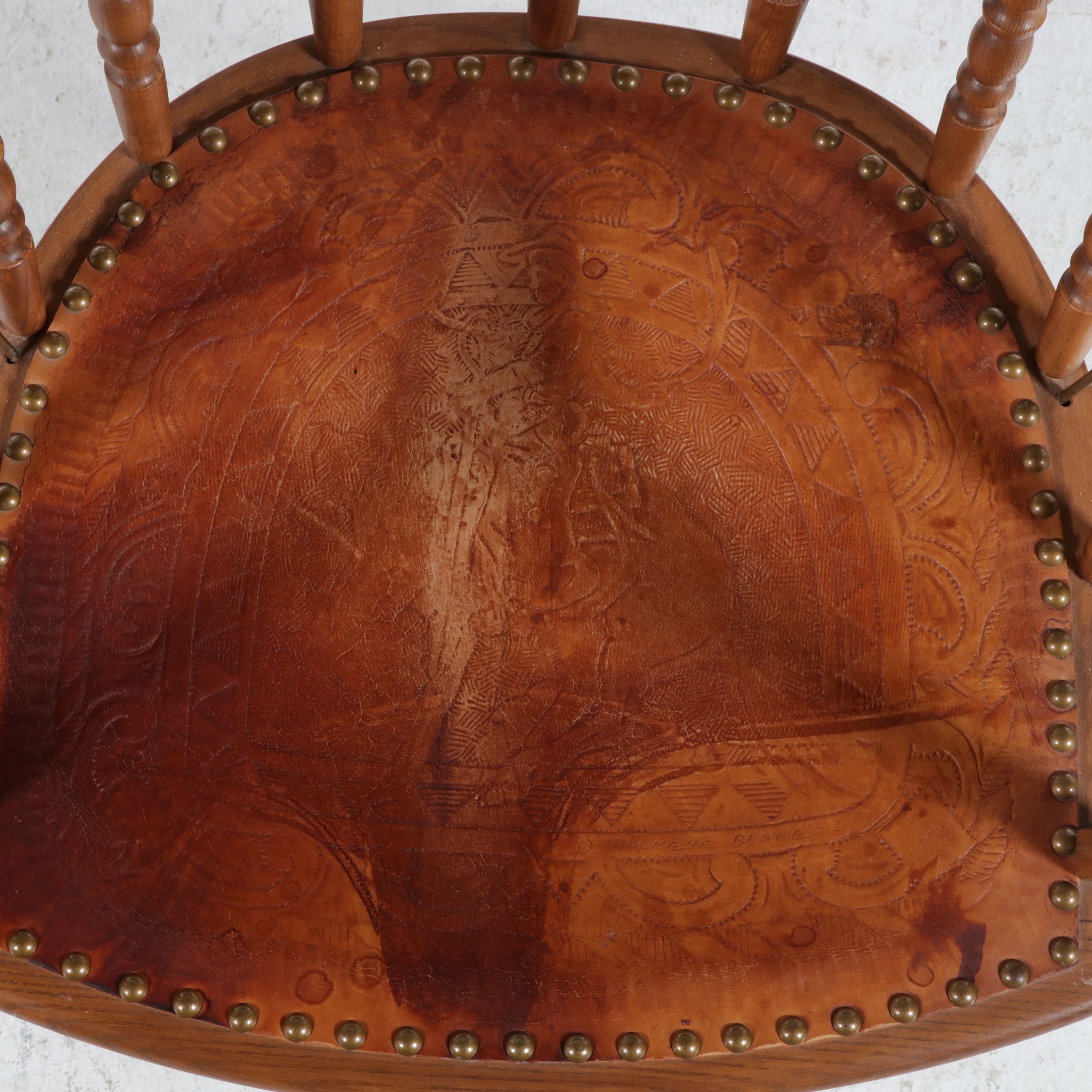 Pair of Tooled Leather Inset Oak Captain's Chairs, Late 20th Century