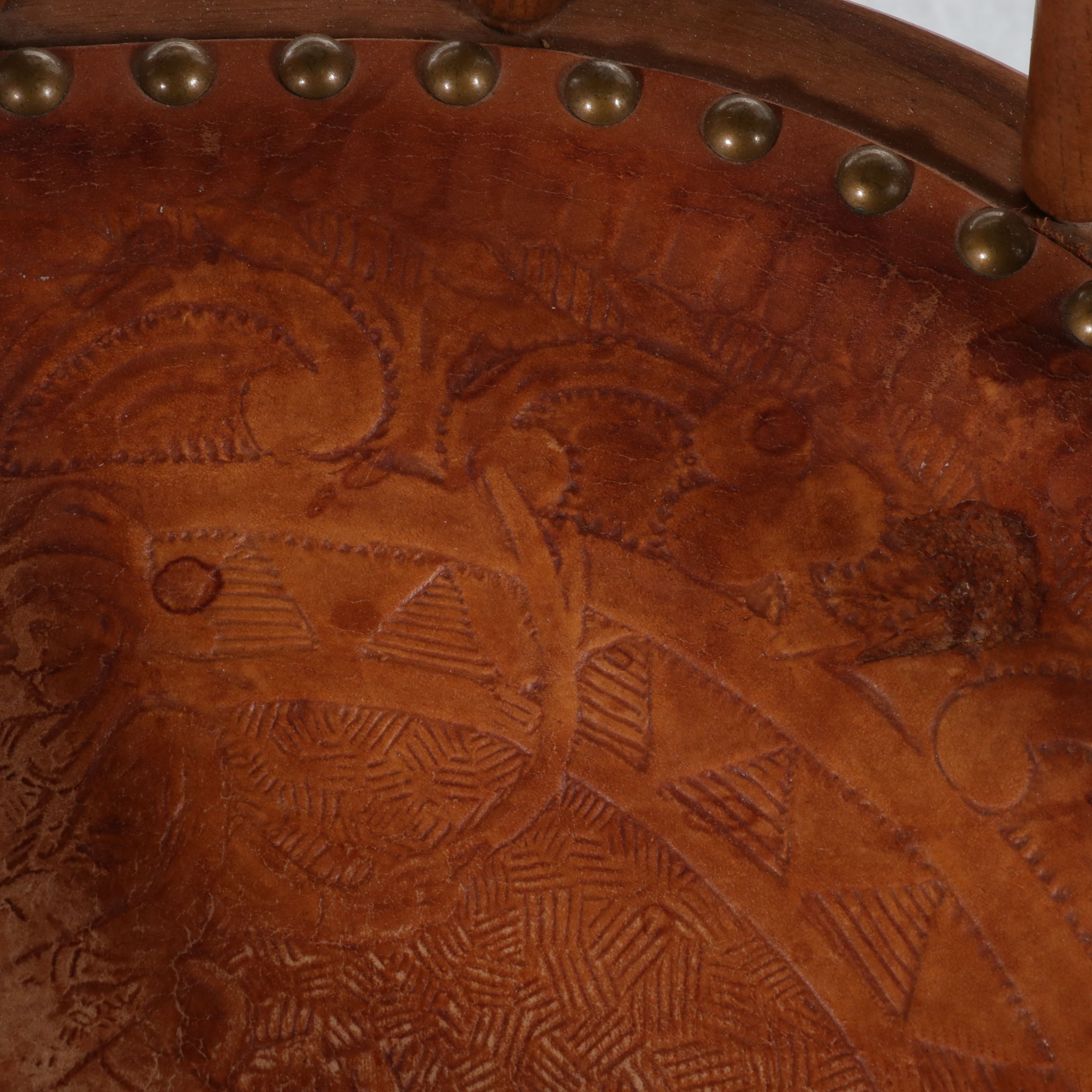 Pair of Tooled Leather Inset Oak Captain's Chairs, Late 20th Century