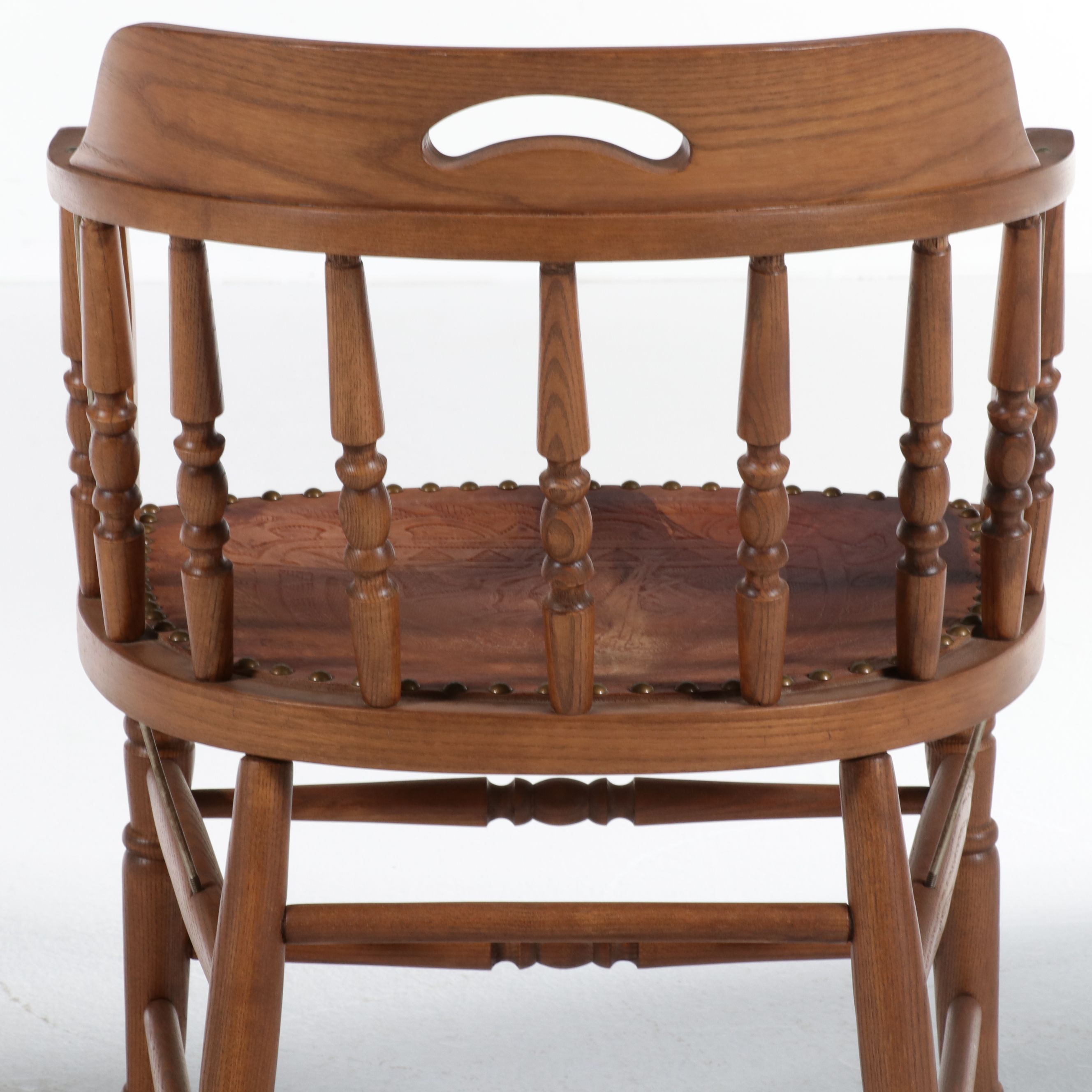Pair of Tooled Leather Inset Oak Captain's Chairs, Late 20th Century