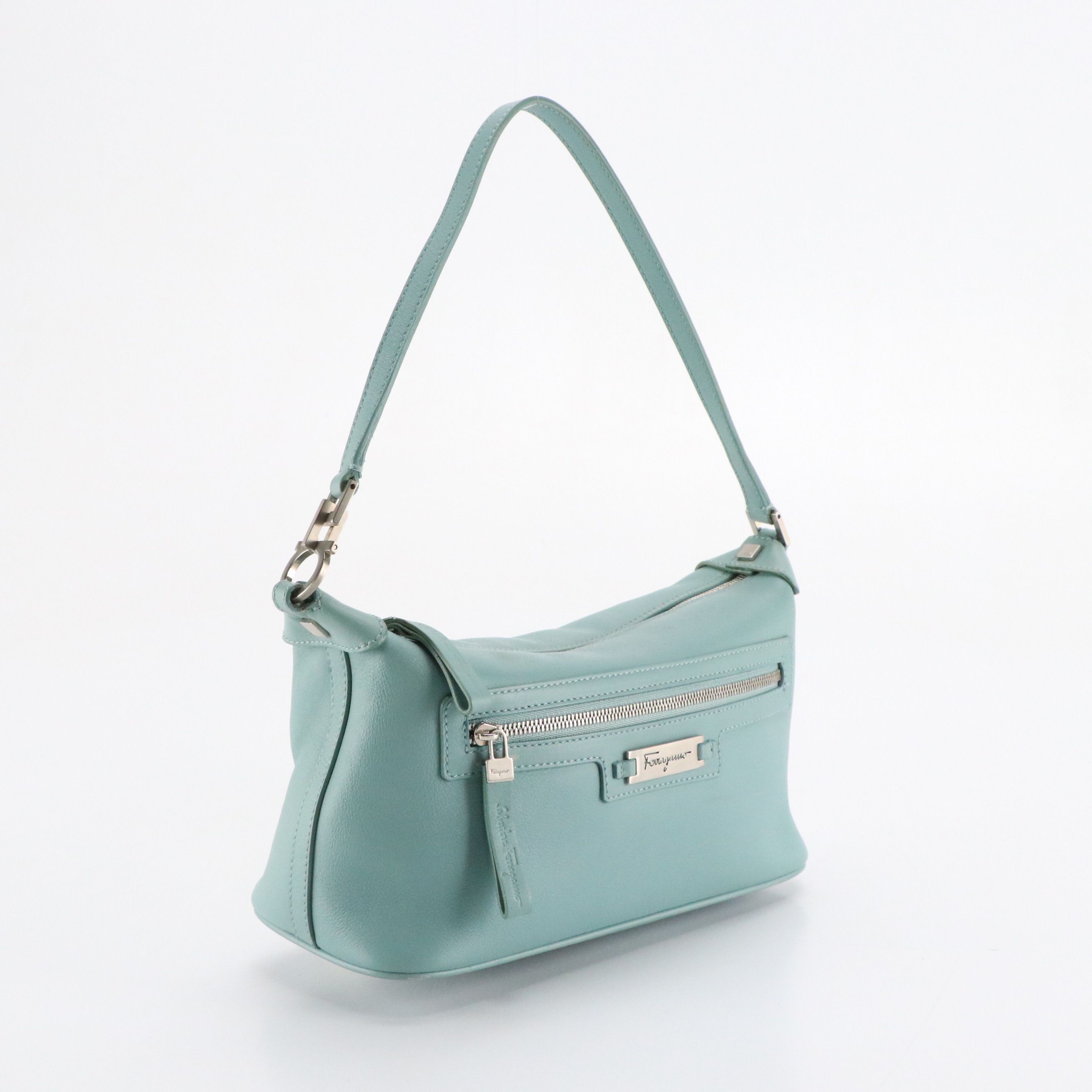 Salvatore Ferragamo Zippered Shoulder Bag in Light Teal Calfskin Leather