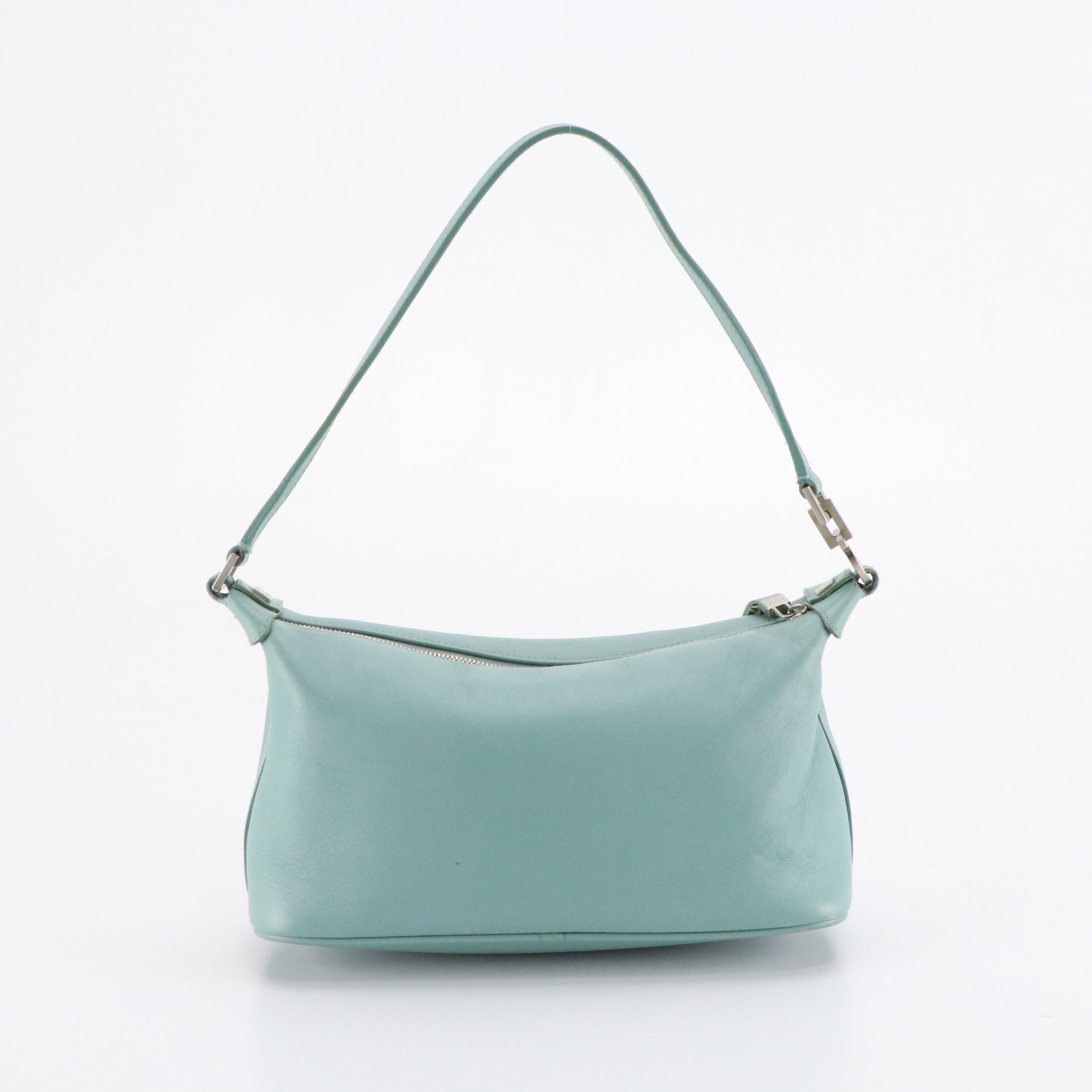 Salvatore Ferragamo Zippered Shoulder Bag in Light Teal Calfskin Leather