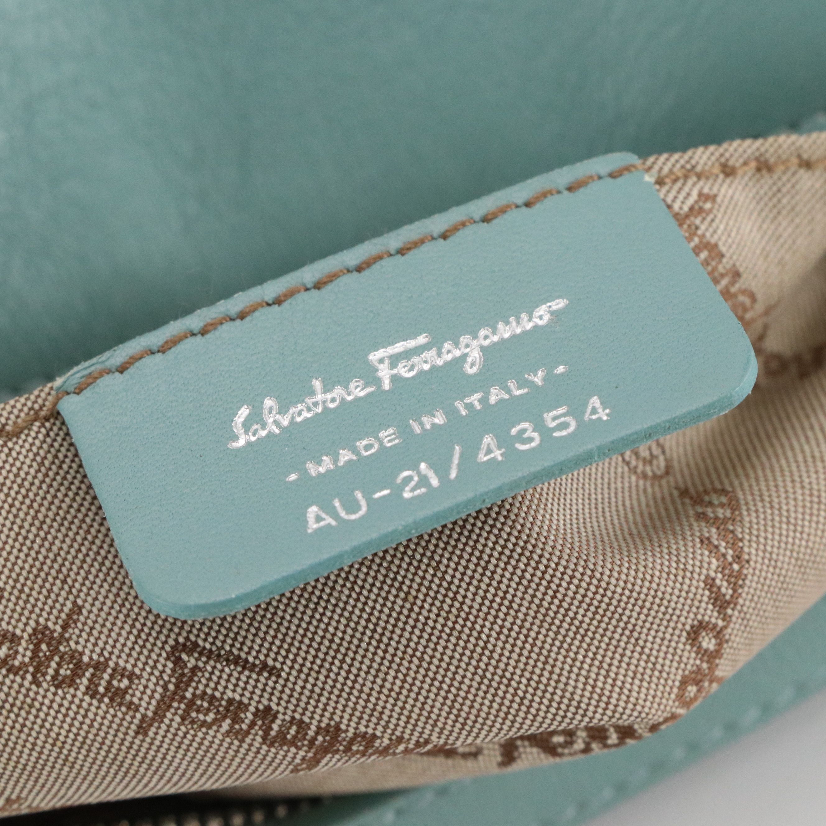 Salvatore Ferragamo Zippered Shoulder Bag in Light Teal Calfskin Leather