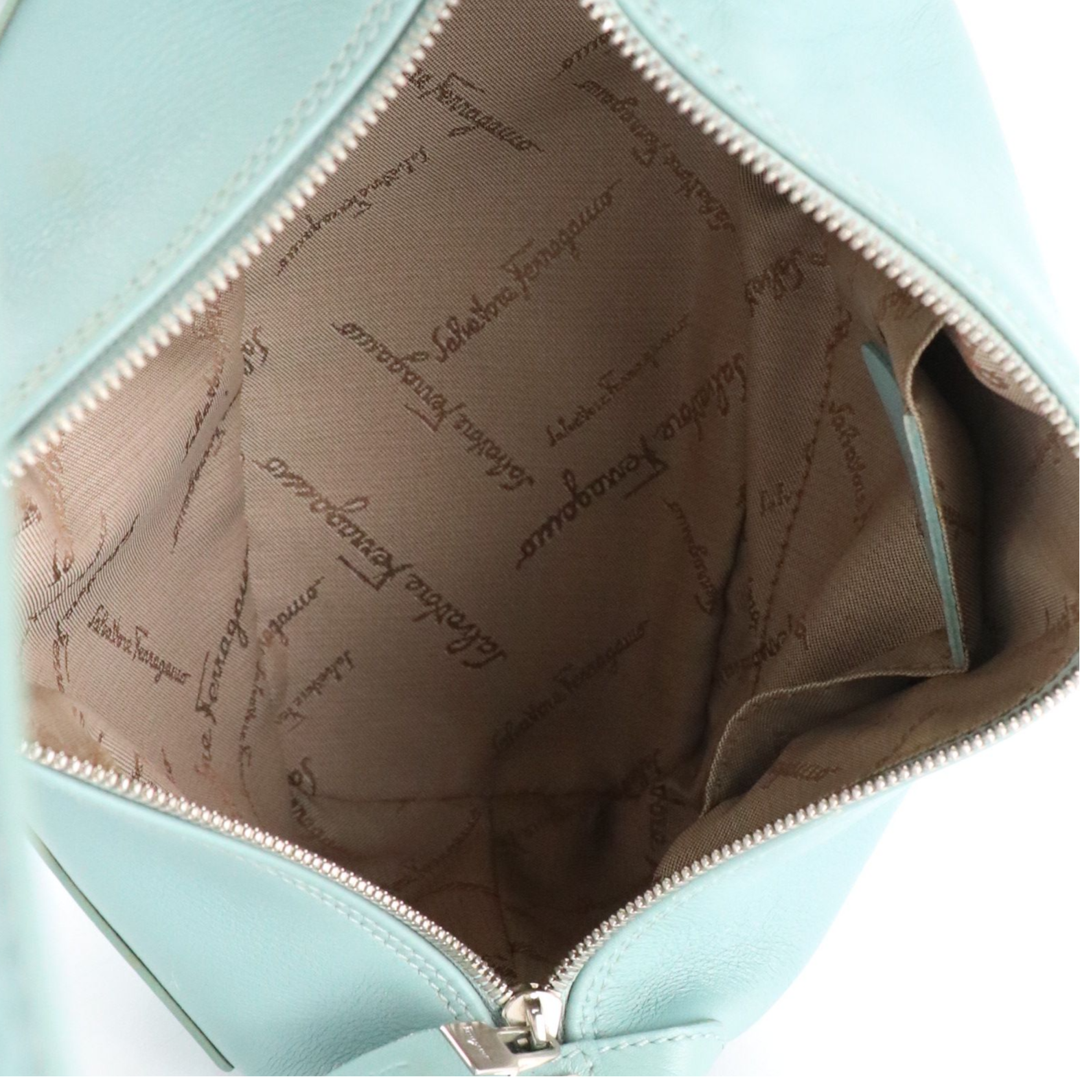 Salvatore Ferragamo Zippered Shoulder Bag in Light Teal Calfskin Leather