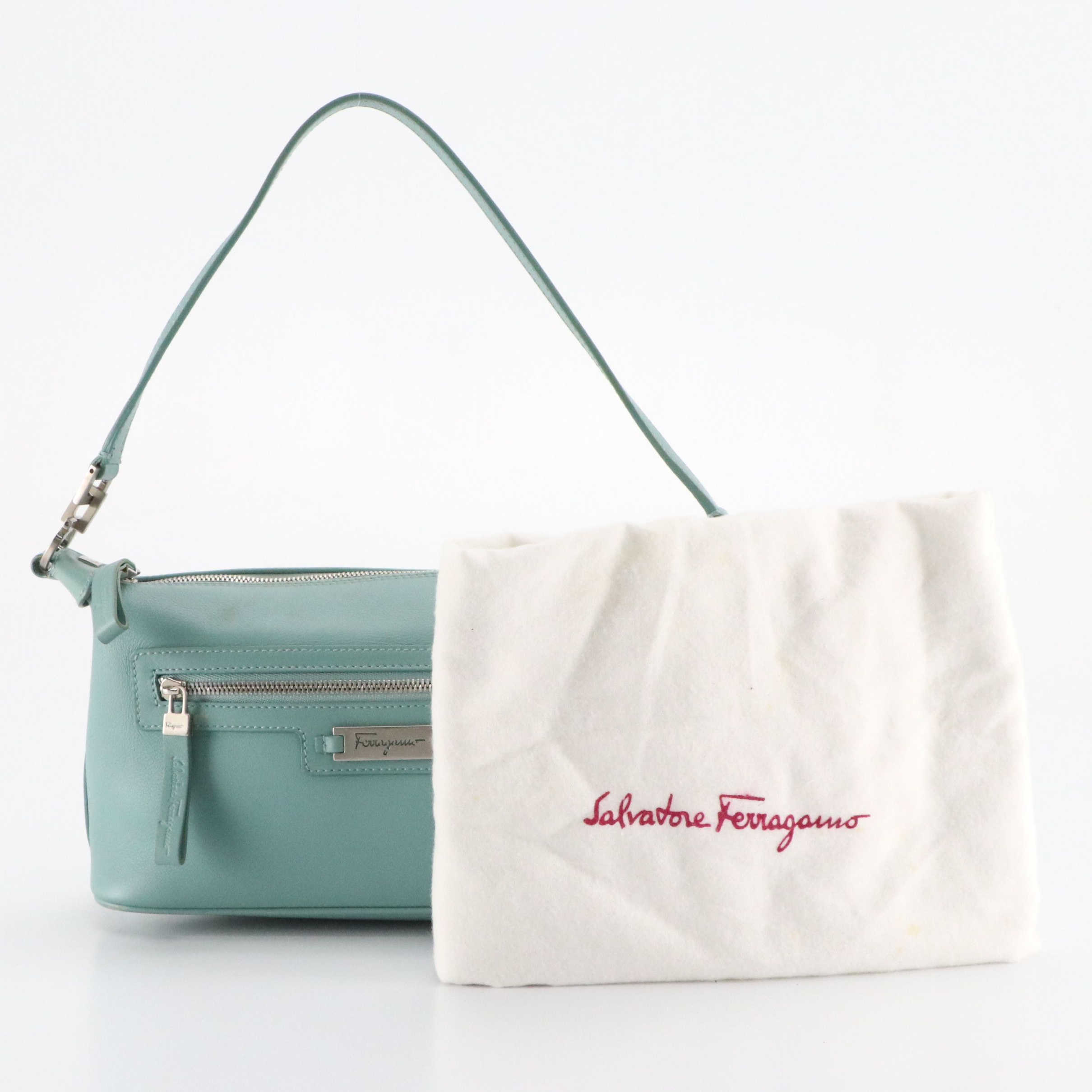 Salvatore Ferragamo Zippered Shoulder Bag in Light Teal Calfskin Leather