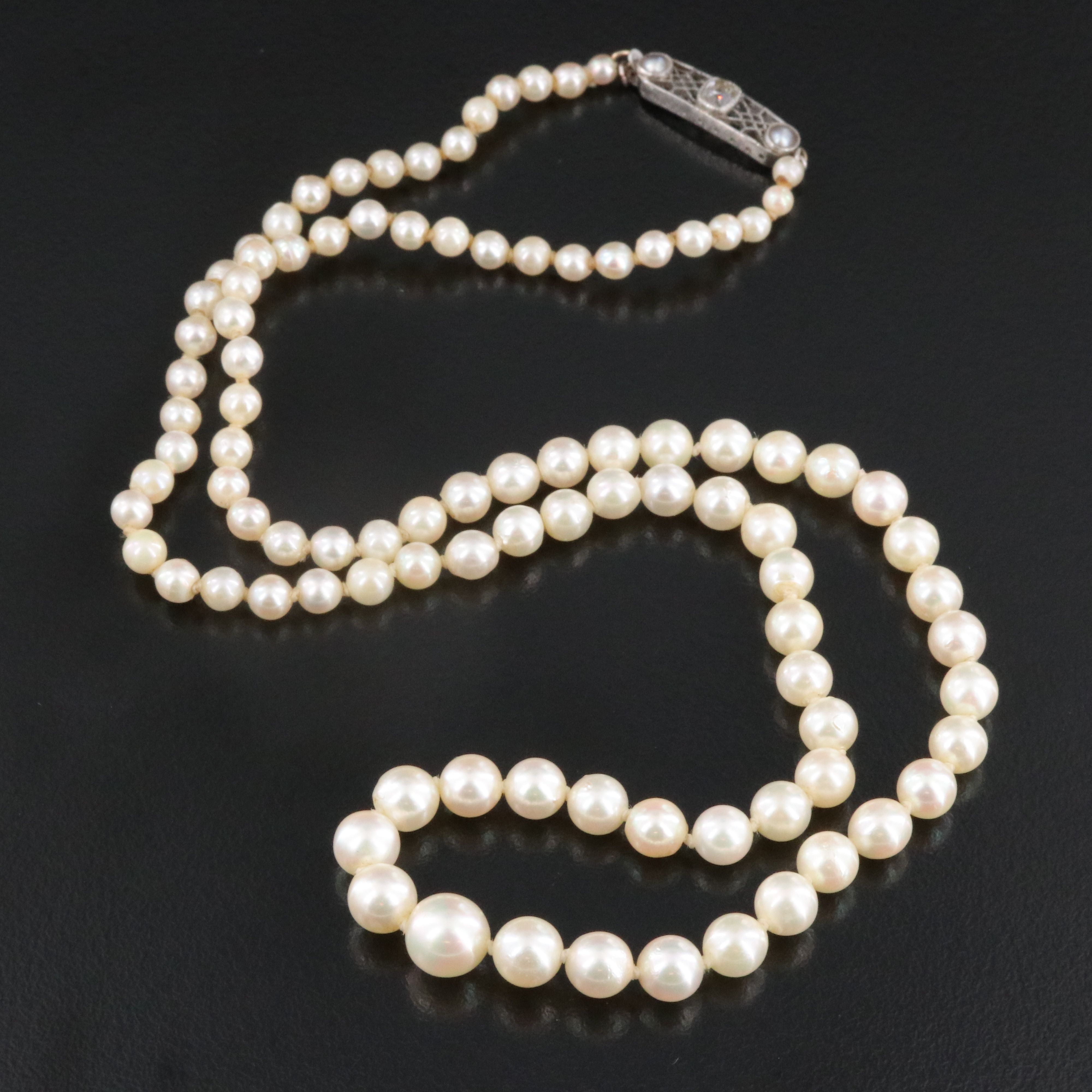 Graduated Pearl Necklace with Antique Platinum Diamond Clasp and GIA Report