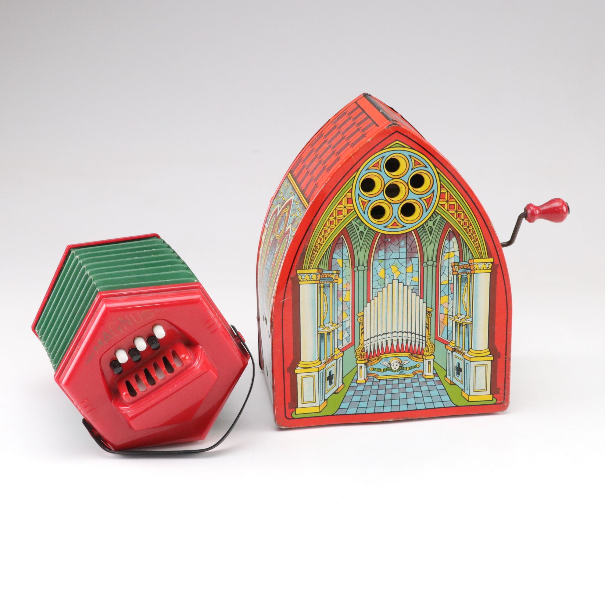 J. Chein & Co. Tin Litho Church Organ Music Box and Magnus Junior Toy Accordion