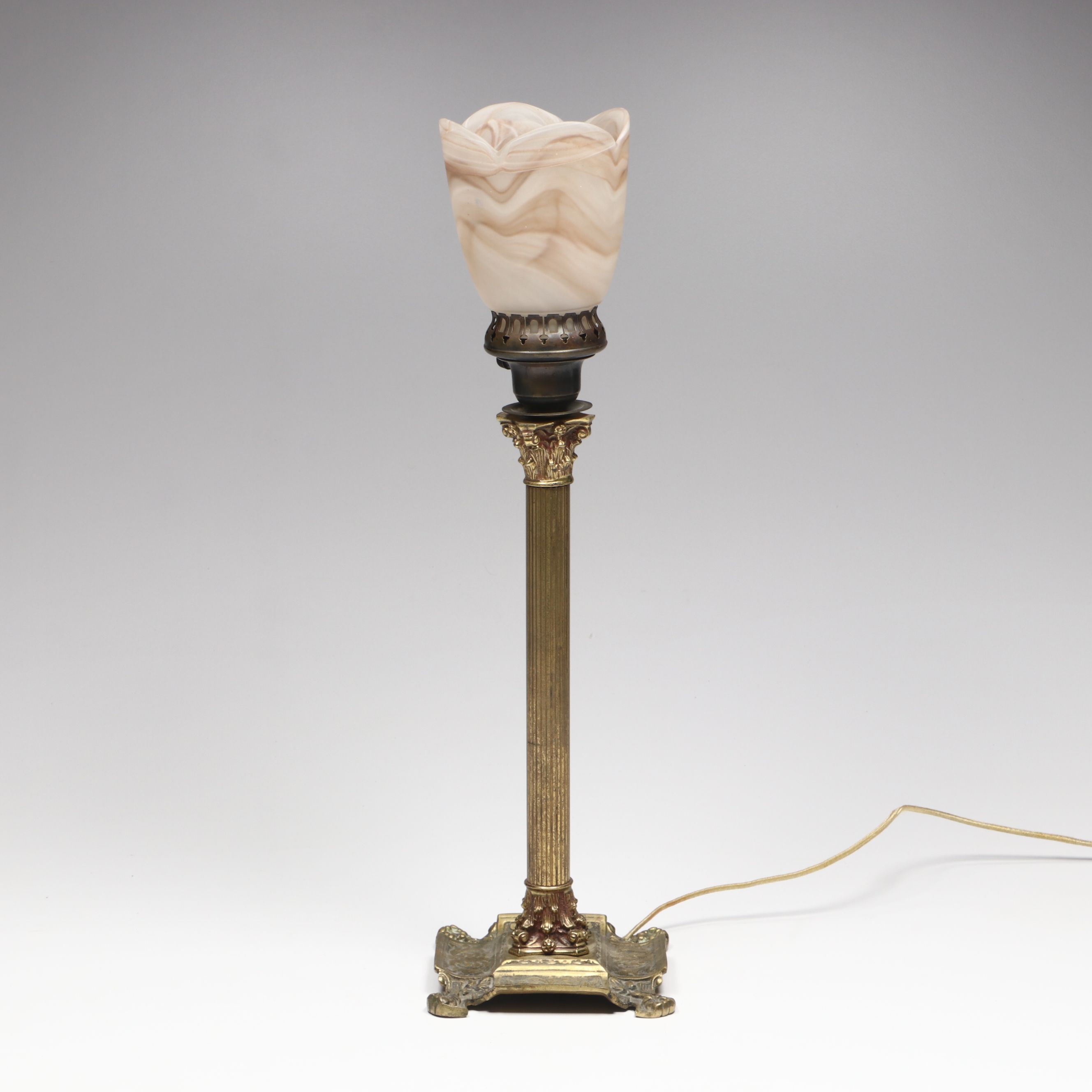 Corinthian Column Brass Table Lamp with Alabaster Glass Shade