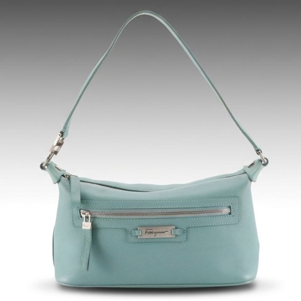 Salvatore Ferragamo Zippered Shoulder Bag in Light Teal Calfskin Leather