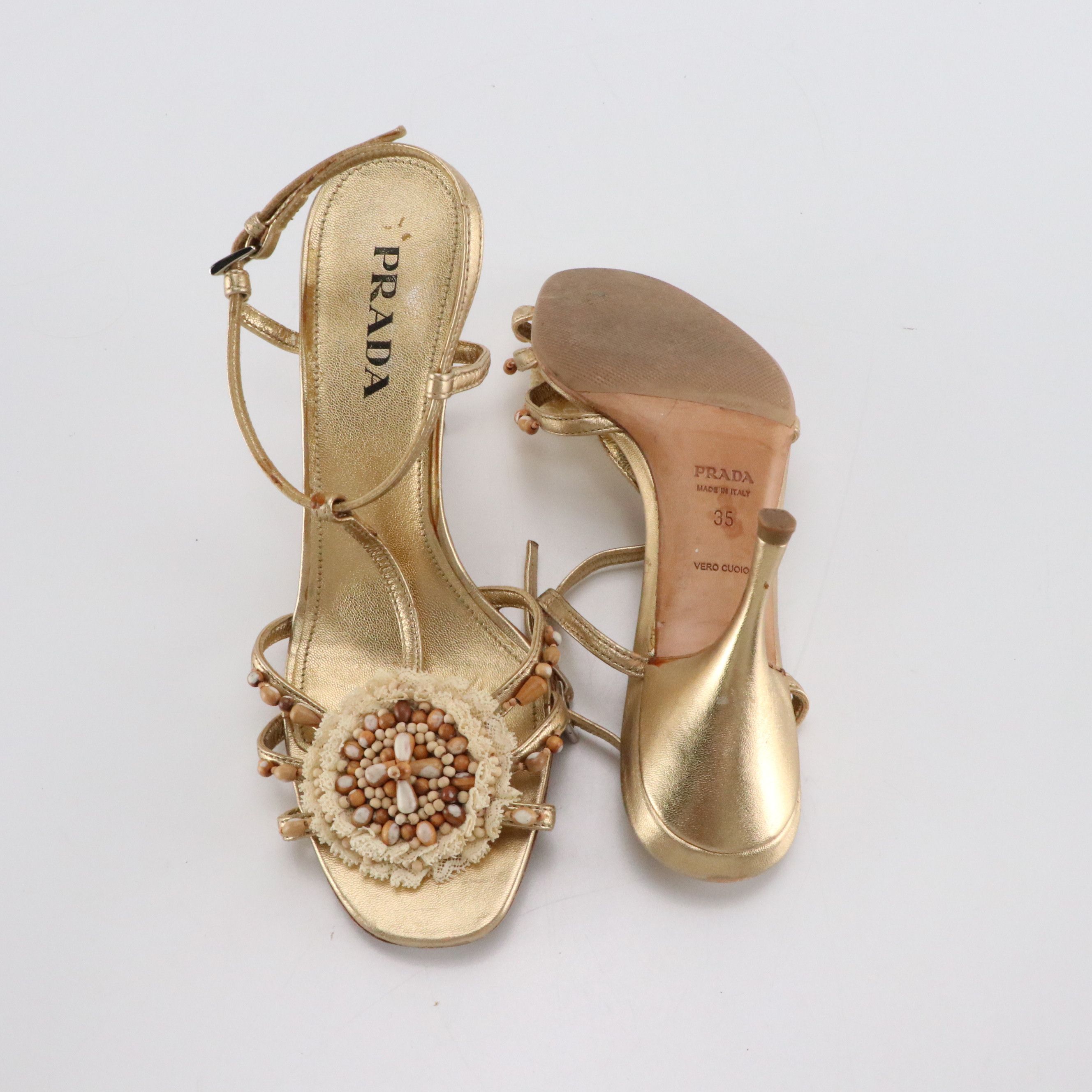 Prada Strappy Bead Embellished High Heel Sandals in Metallic Gold Leather