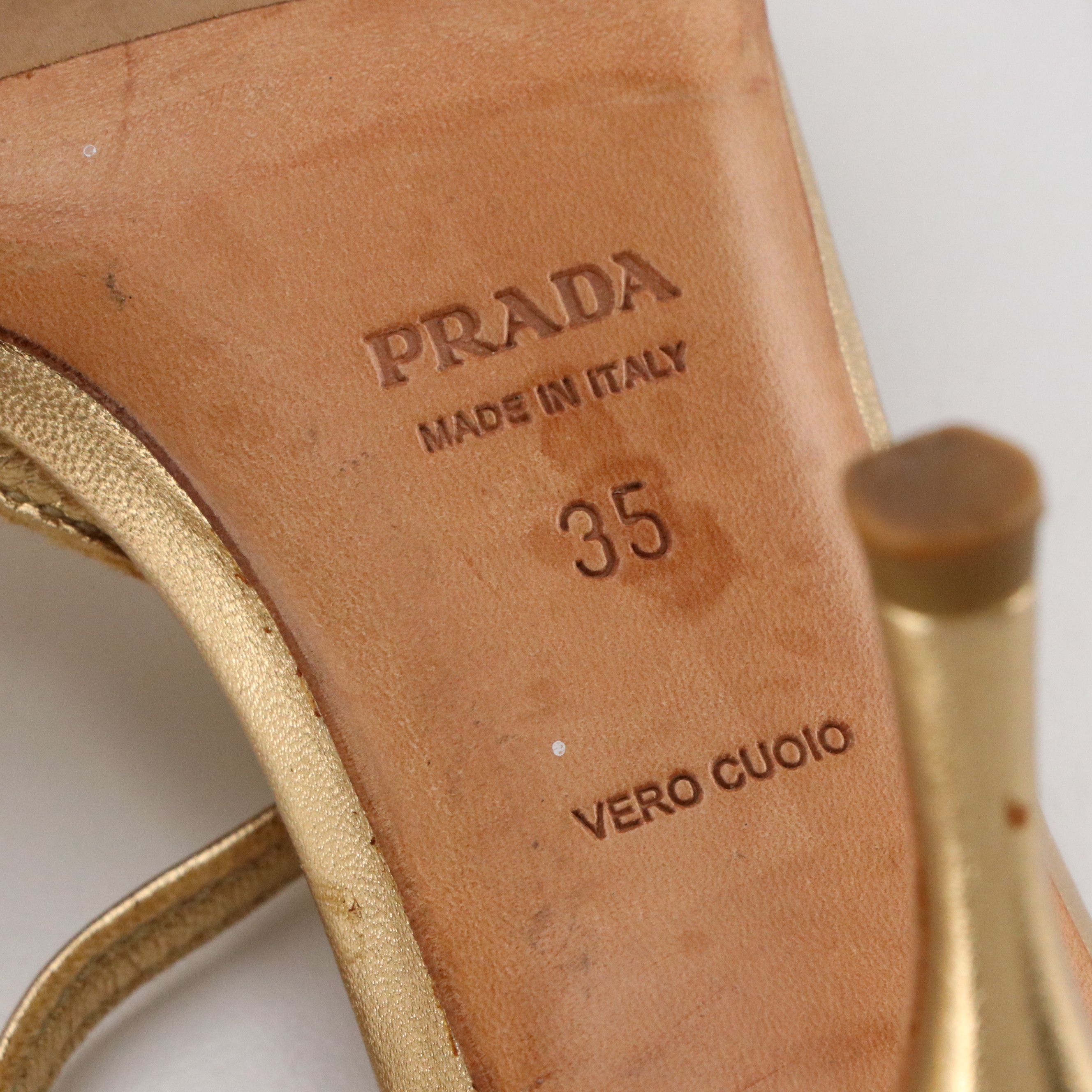 Prada Strappy Bead Embellished High Heel Sandals in Metallic Gold Leather