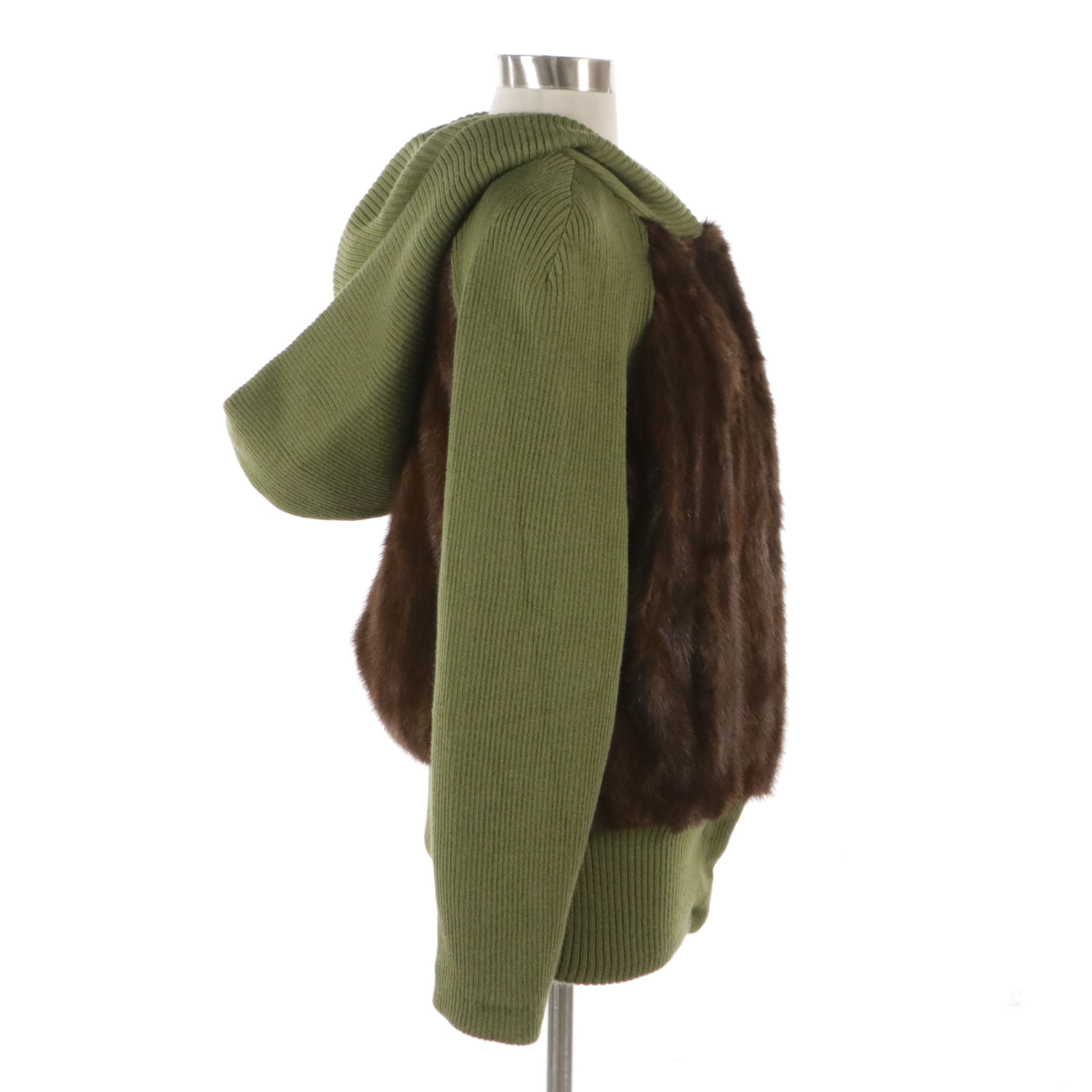 Fur Star Avocado Green Knit and Brown Mink Fur Hooded Jacket