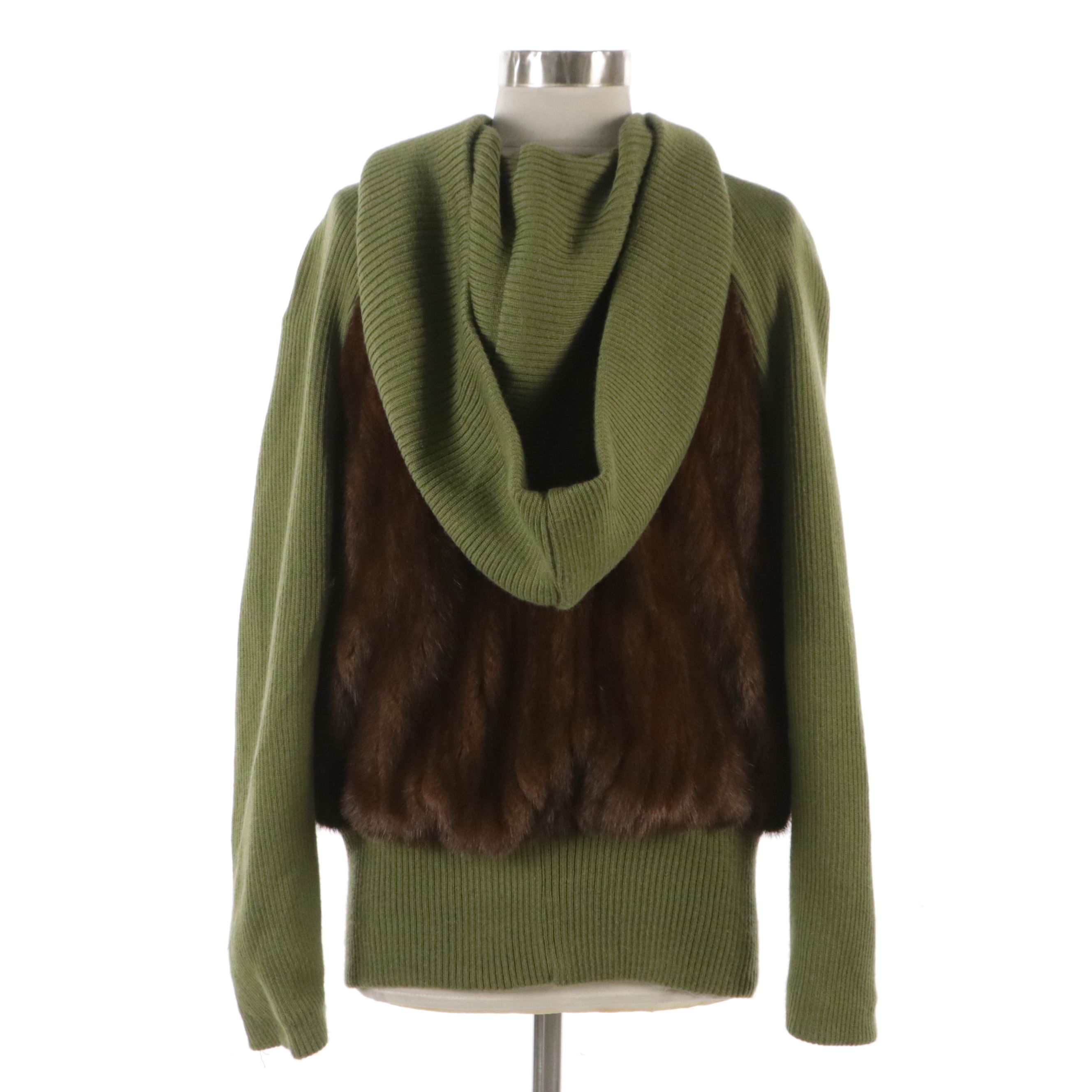 Fur Star Avocado Green Knit and Brown Mink Fur Hooded Jacket