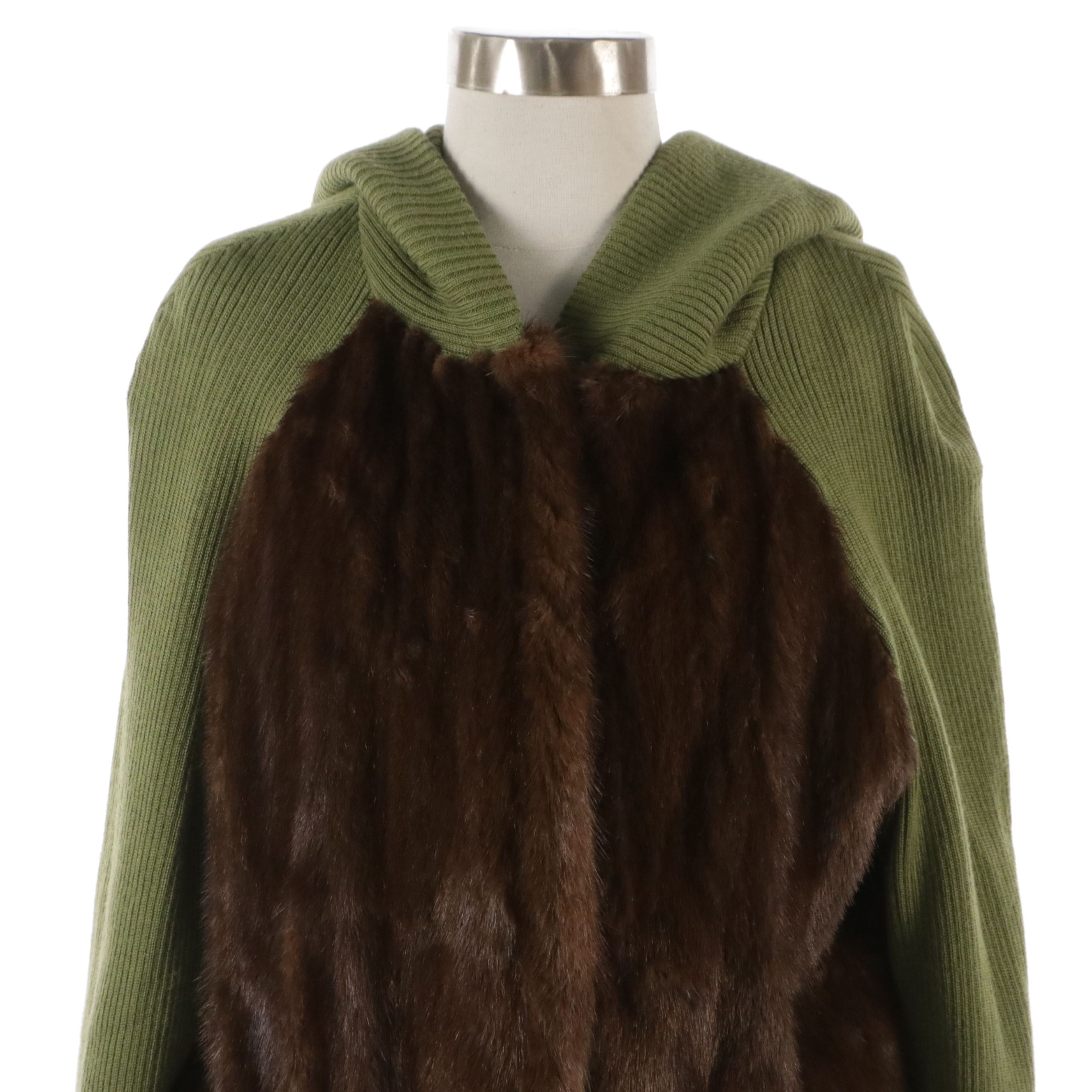 Fur Star Avocado Green Knit and Brown Mink Fur Hooded Jacket