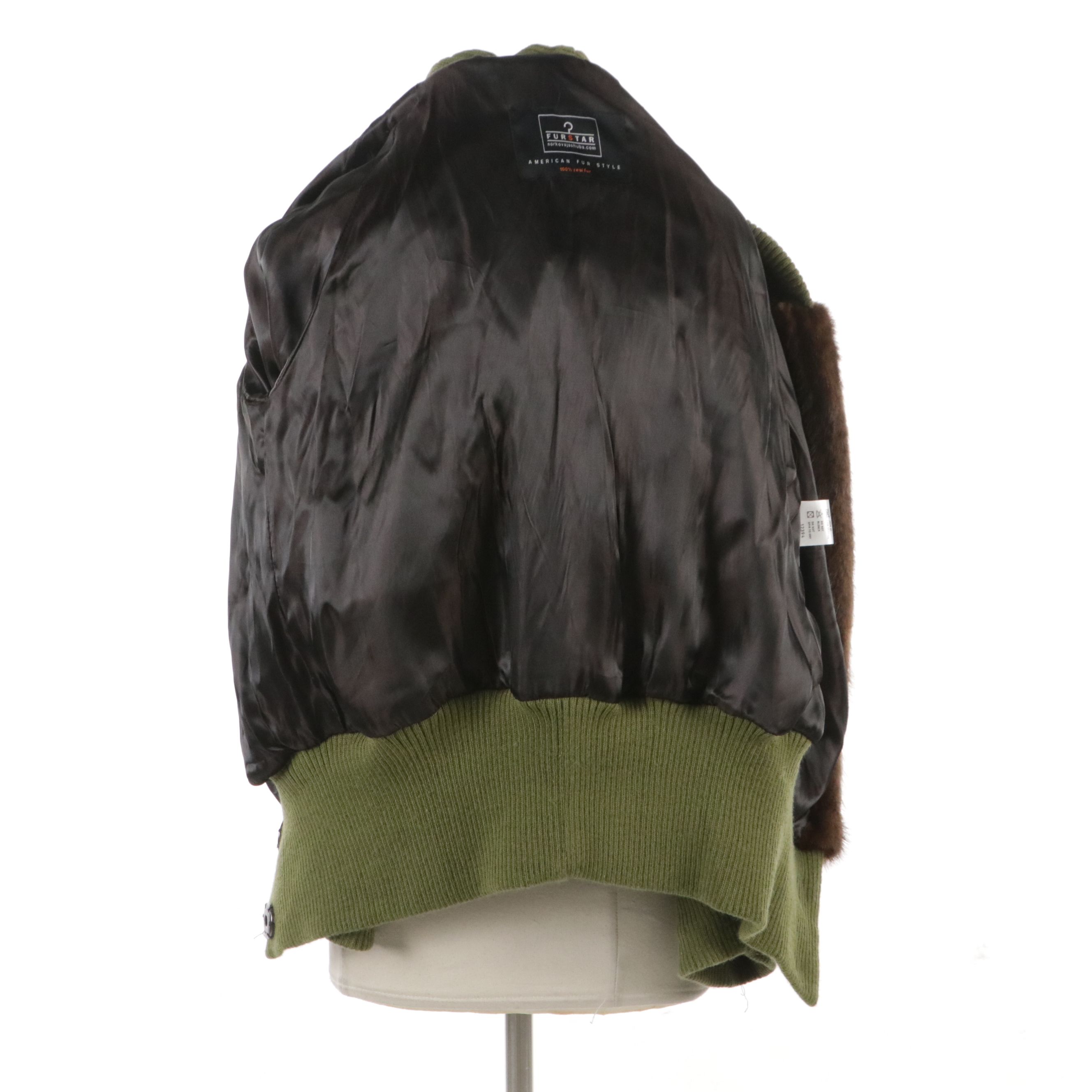 Fur Star Avocado Green Knit and Brown Mink Fur Hooded Jacket