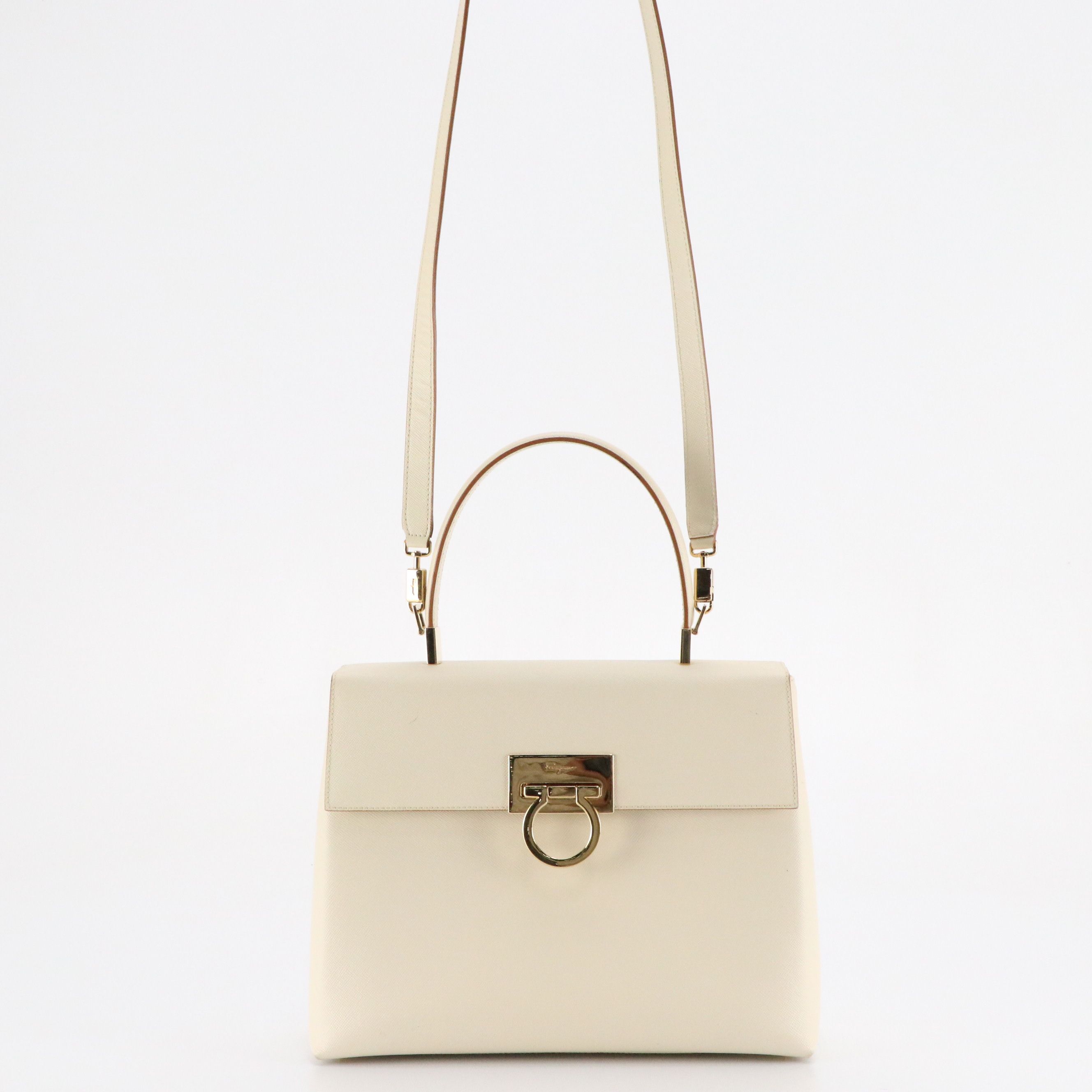 Salvatore Ferragamo Gancini Top Handle Two-Way Bag in White Saffiano Leather