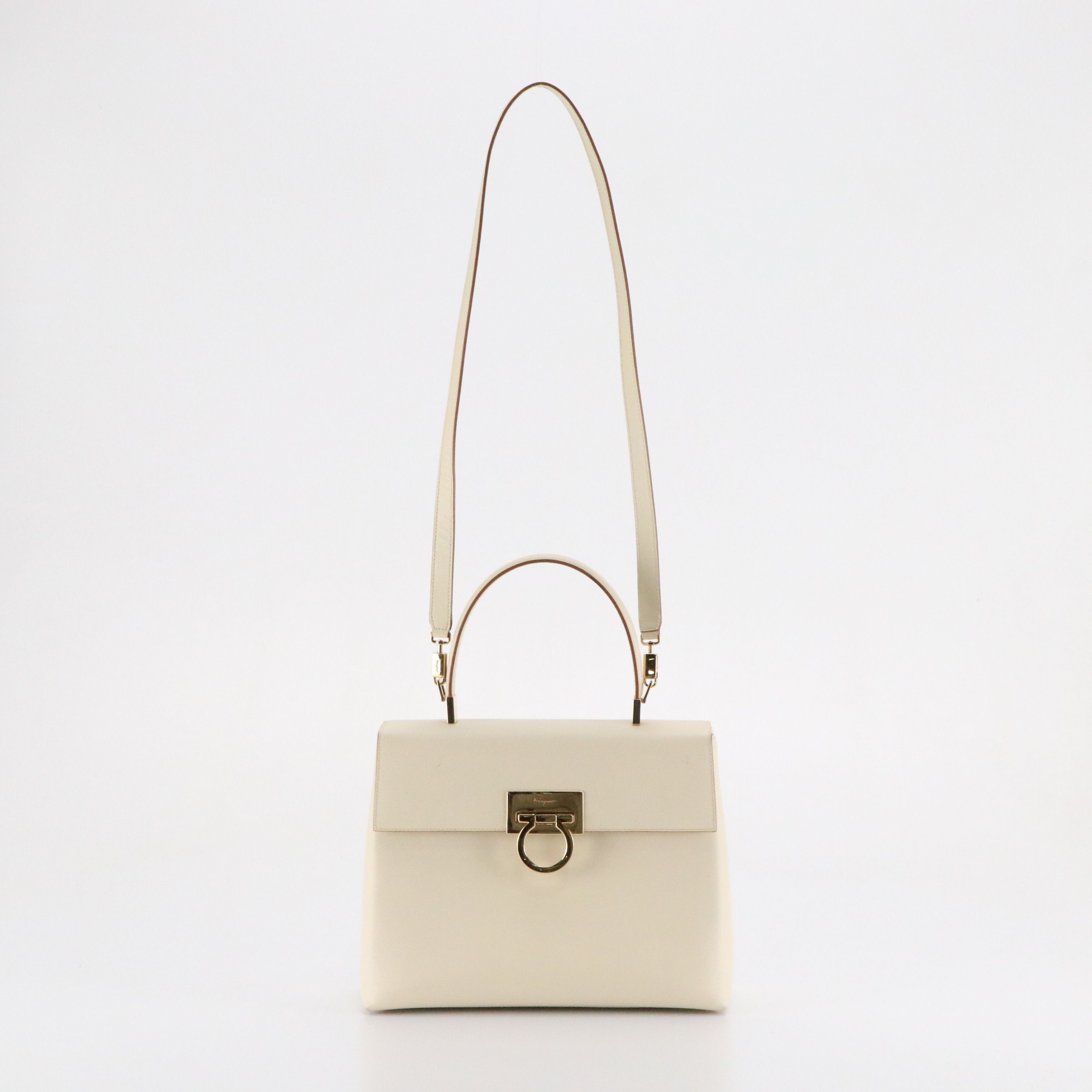 Salvatore Ferragamo Gancini Top Handle Two-Way Bag in White Saffiano Leather