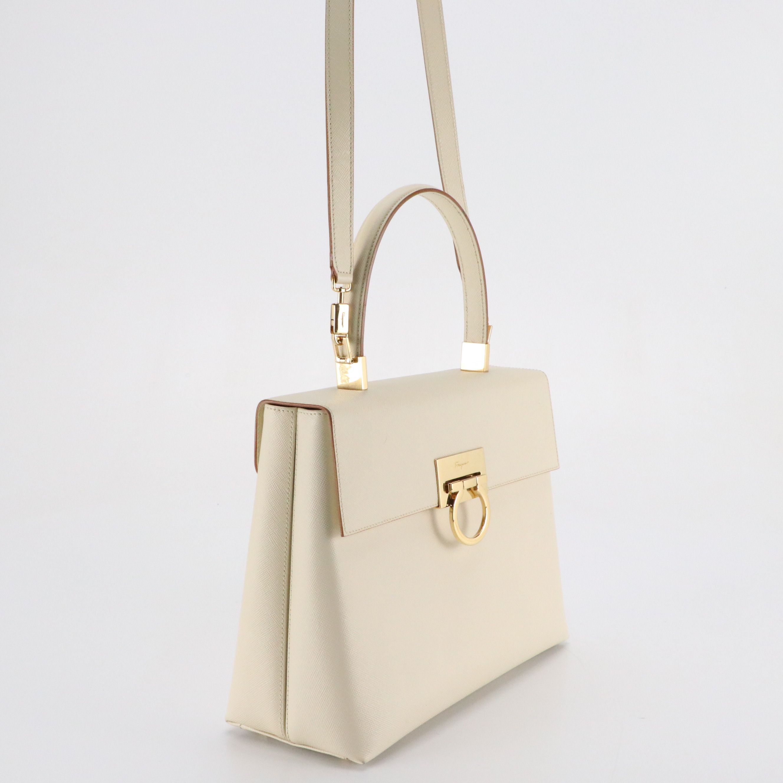 Salvatore Ferragamo Gancini Top Handle Two-Way Bag in White Saffiano Leather