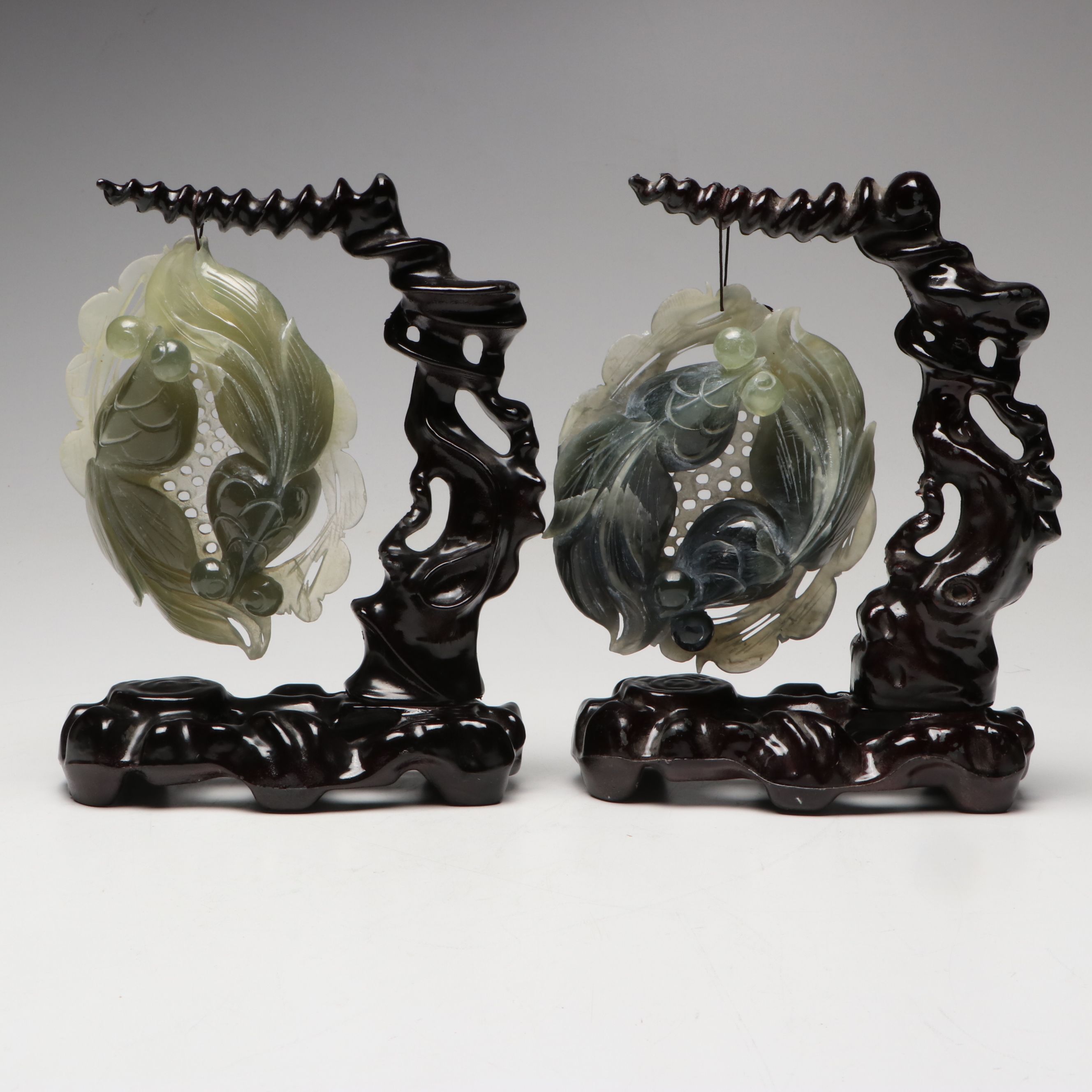 Chinese Hand-Carved Sepentine Fish with Tree Form Lacquered Stands