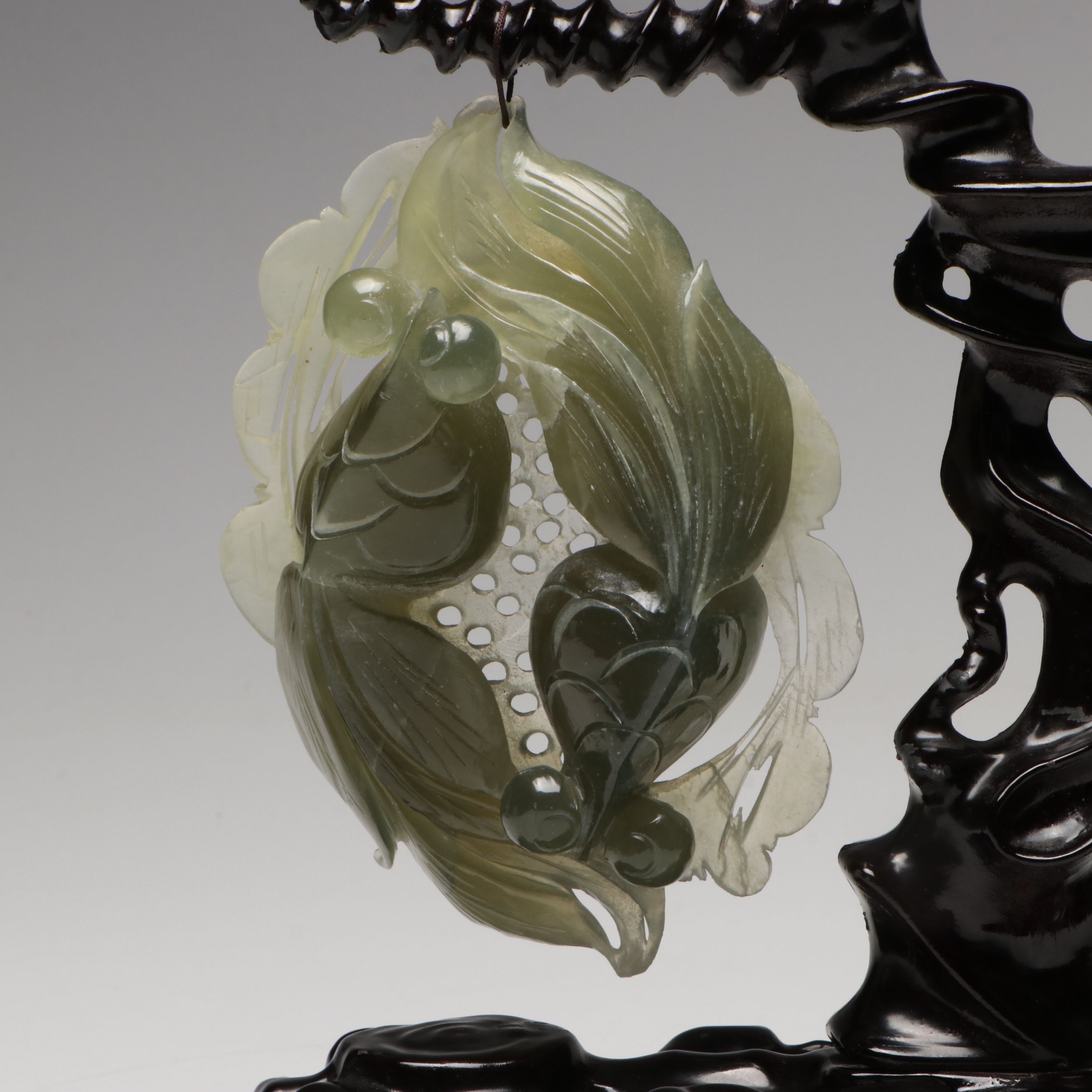 Chinese Hand-Carved Sepentine Fish with Tree Form Lacquered Stands