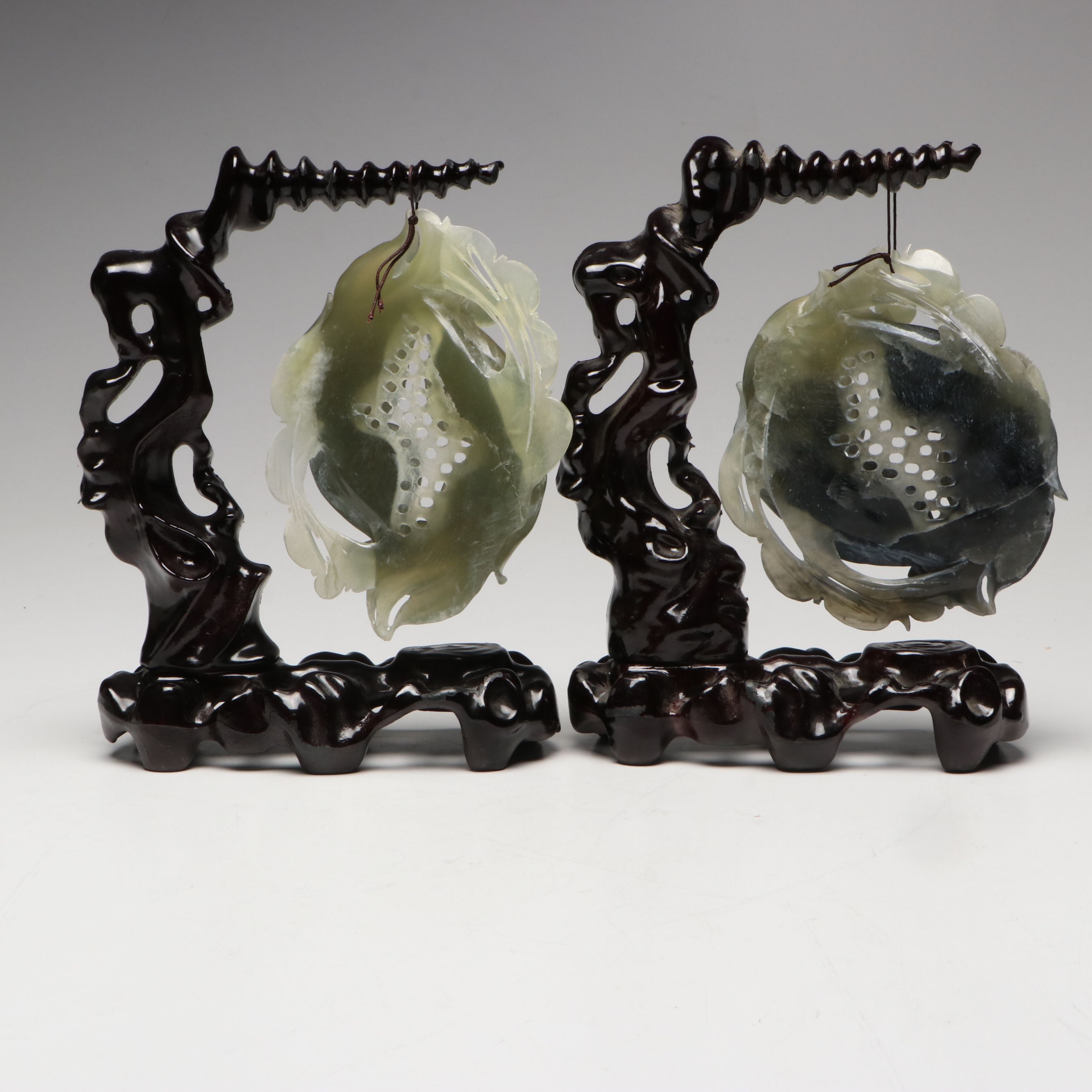 Chinese Hand-Carved Sepentine Fish with Tree Form Lacquered Stands