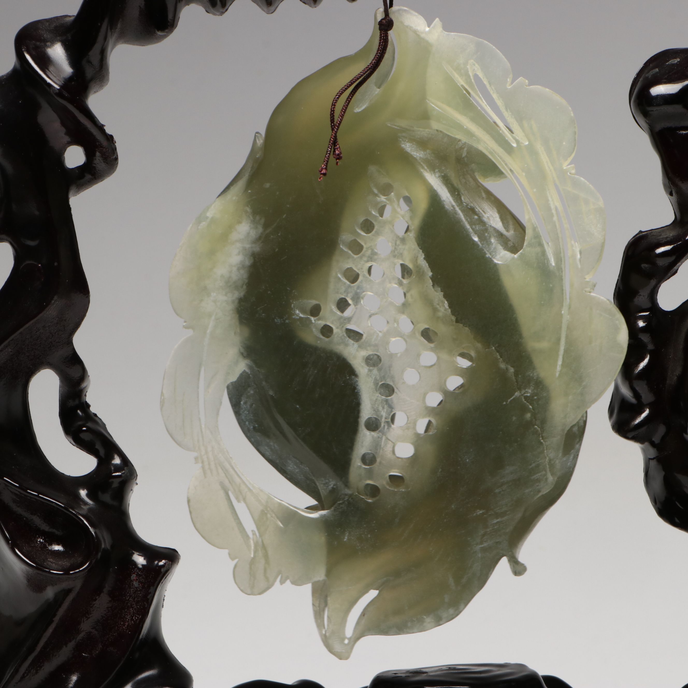 Chinese Hand-Carved Sepentine Fish with Tree Form Lacquered Stands