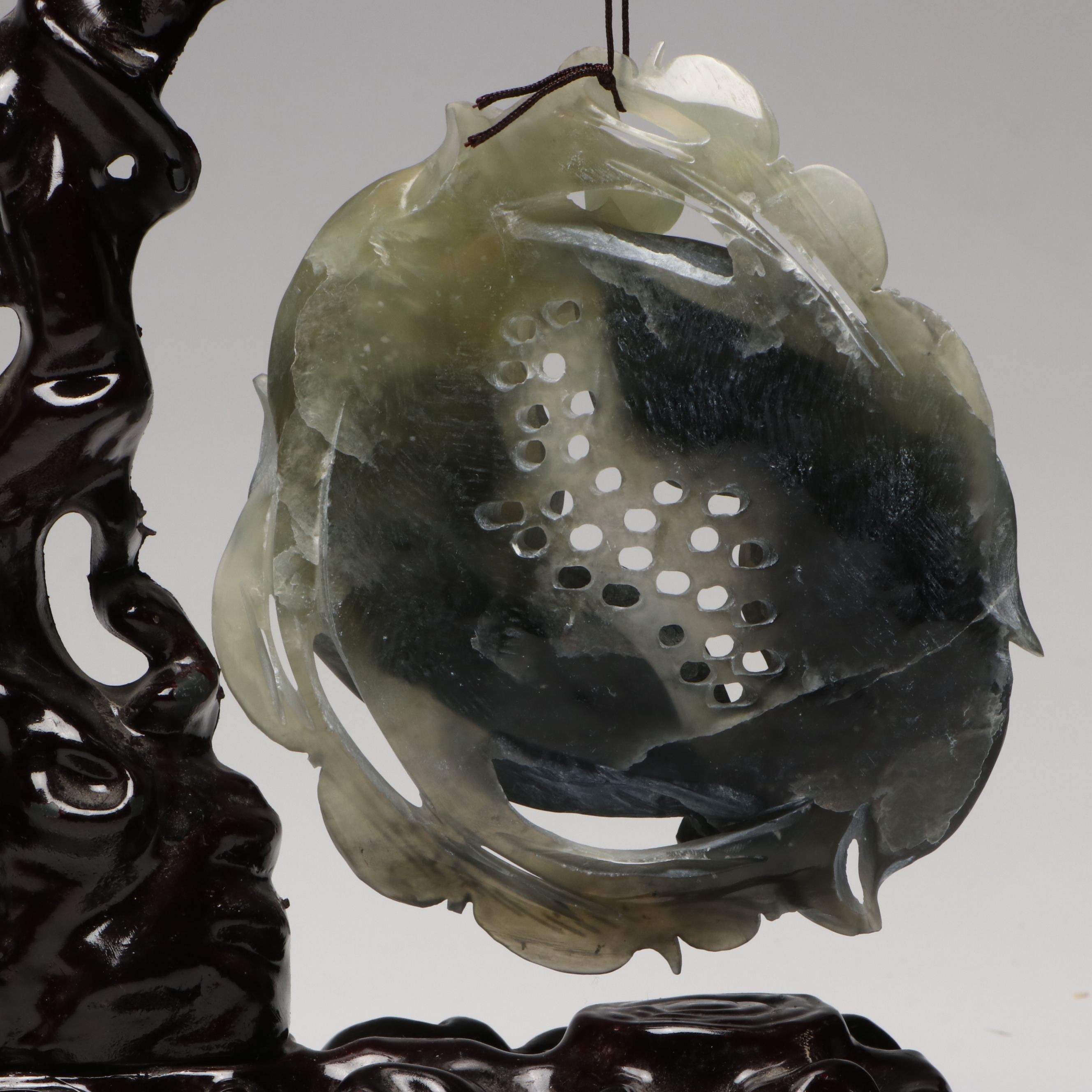 Chinese Hand-Carved Sepentine Fish with Tree Form Lacquered Stands