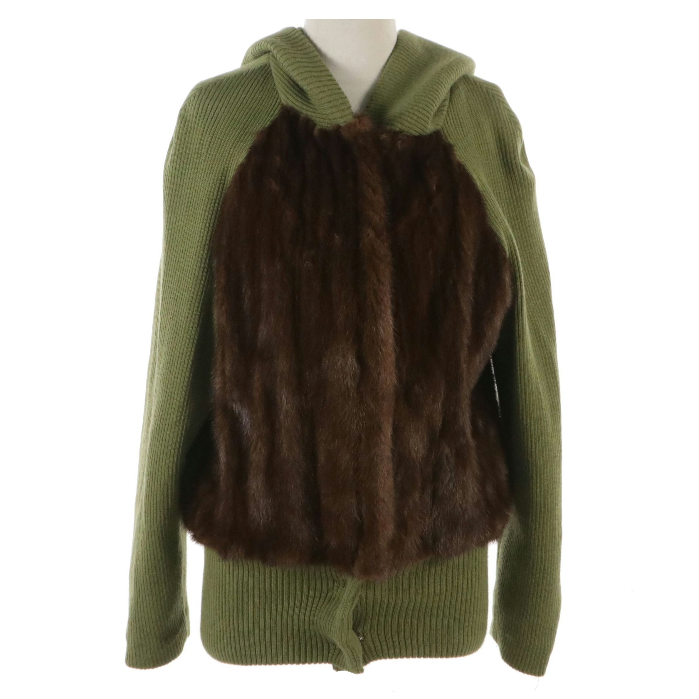 Fur Star Avocado Green Knit and Brown Mink Fur Hooded Jacket