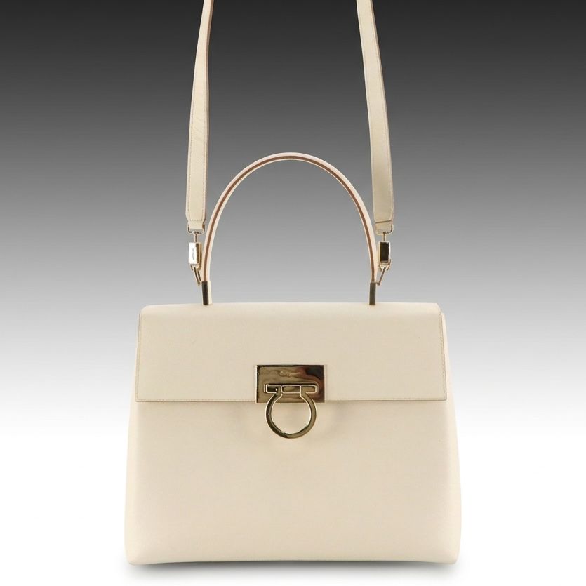 Salvatore Ferragamo Gancini Top Handle Two-Way Bag in White Saffiano Leather