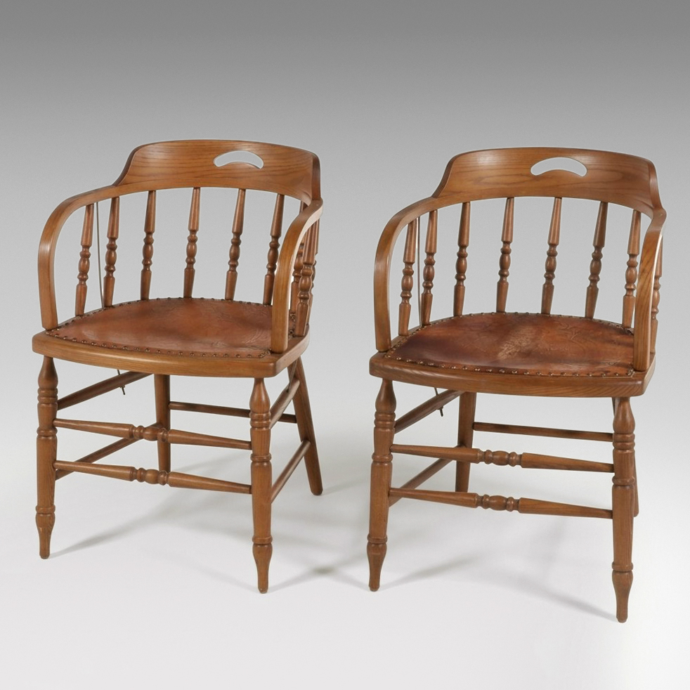 Pair of Tooled Leather Inset Oak Captain's Chairs, Late 20th Century