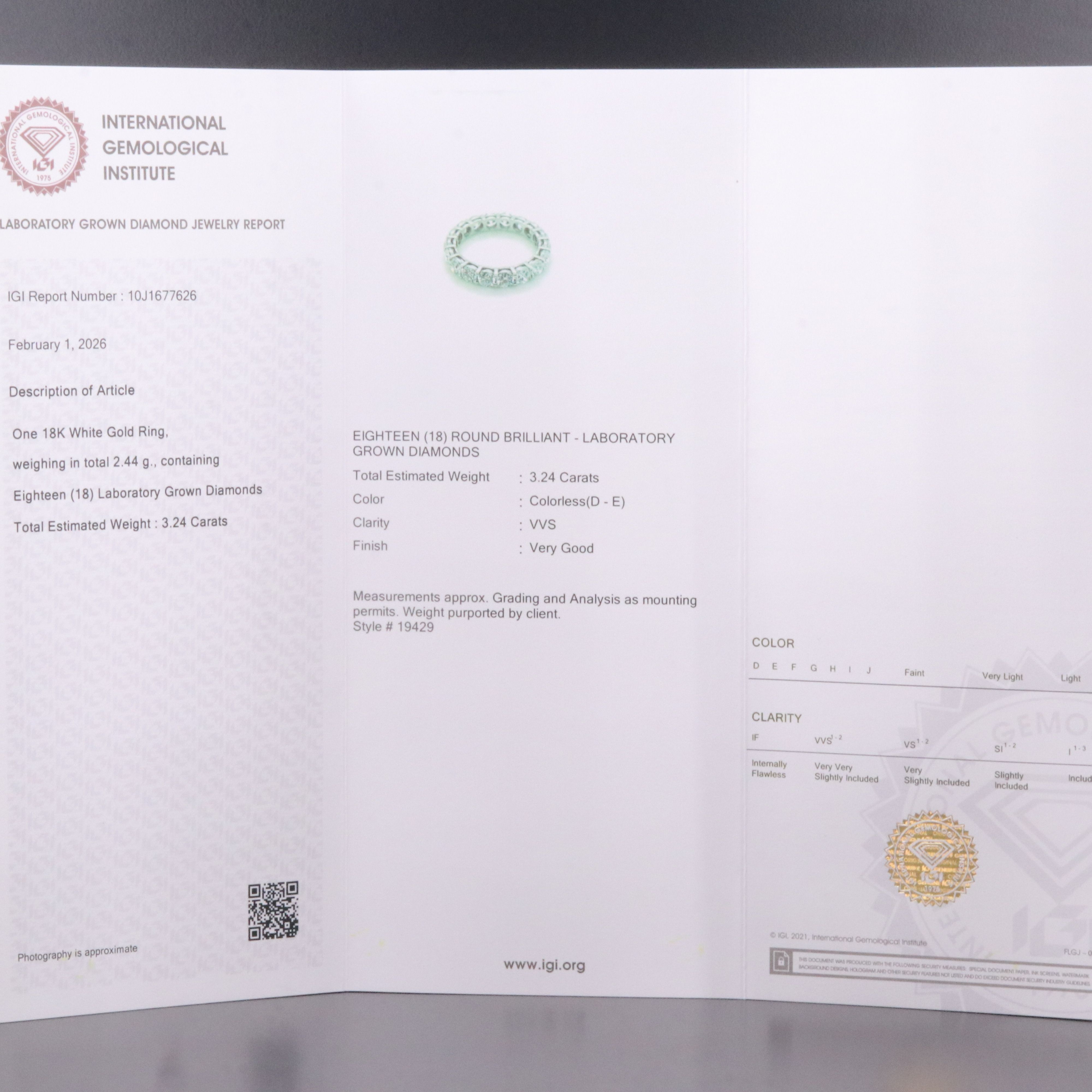 18K 3.24 CTW Lab Grown Diamond Eternity Band with IGI Jewelry Report