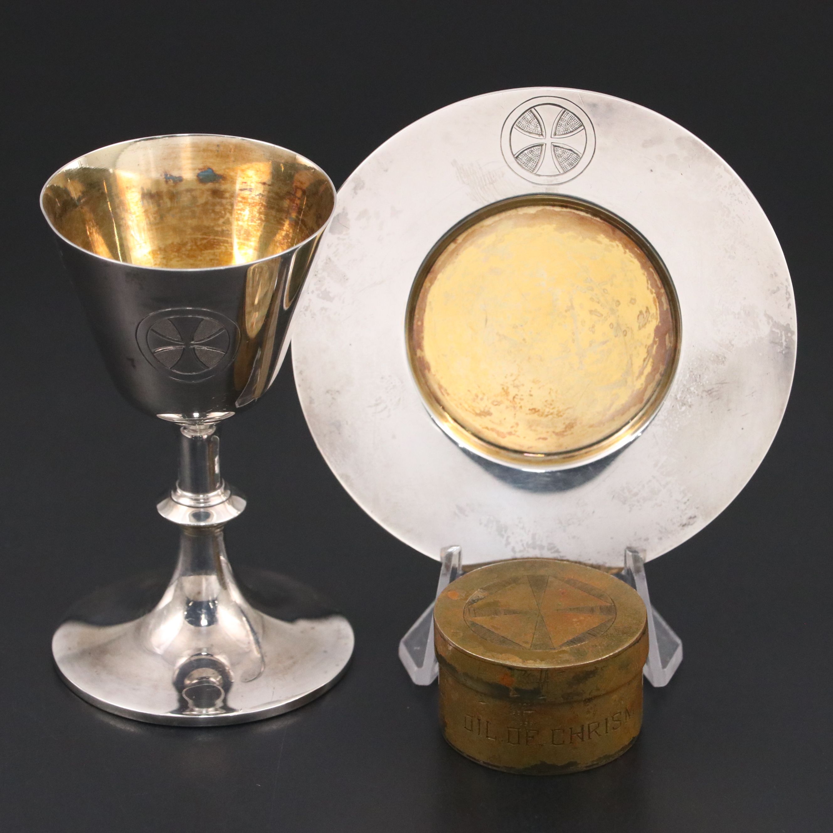 Gorham Sterling Silver Communion Chalice and Paten with Brass Finish Chrismatory