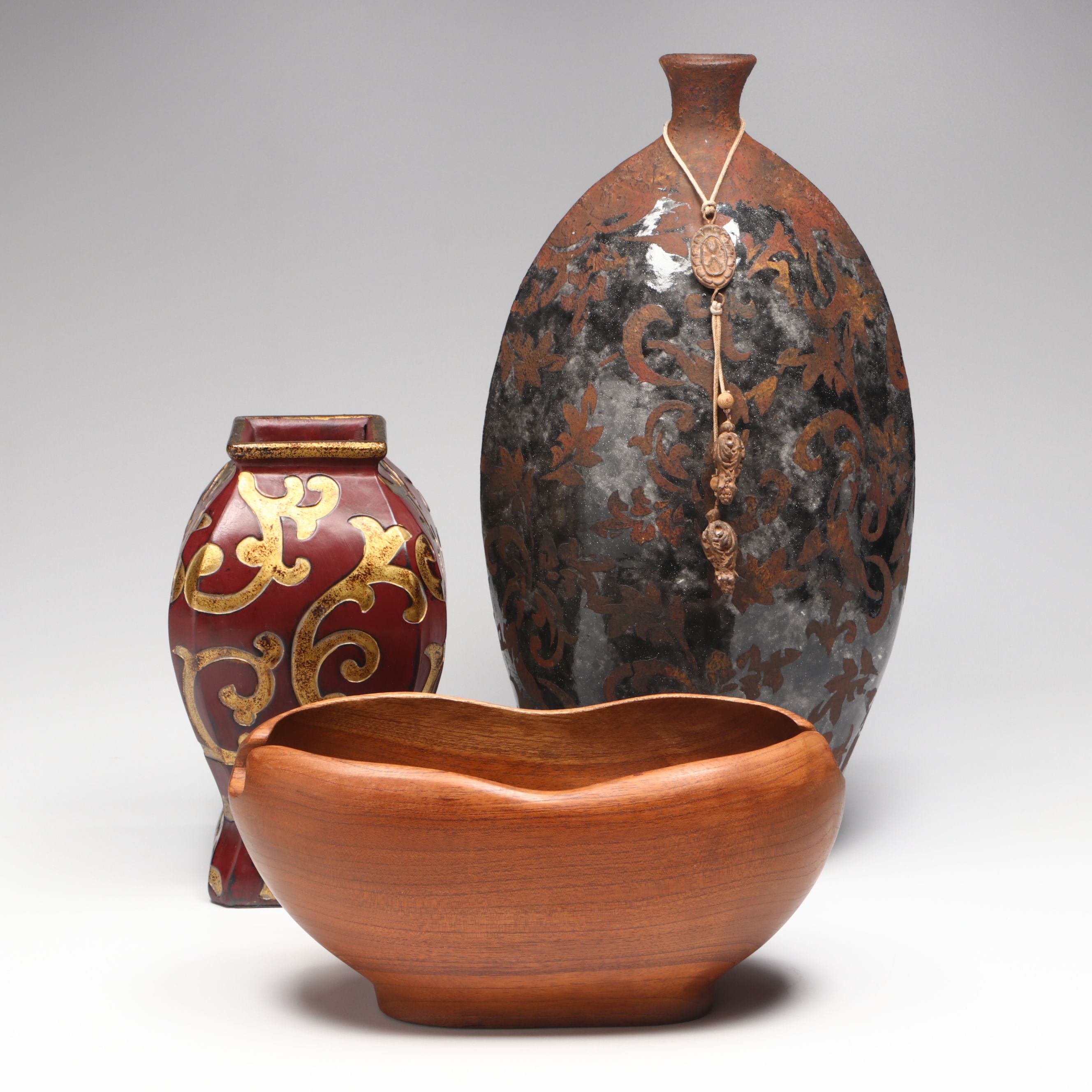 Gunmetal Glaze Bottleneck Vase with Wooden Centerpiece Bowl and More