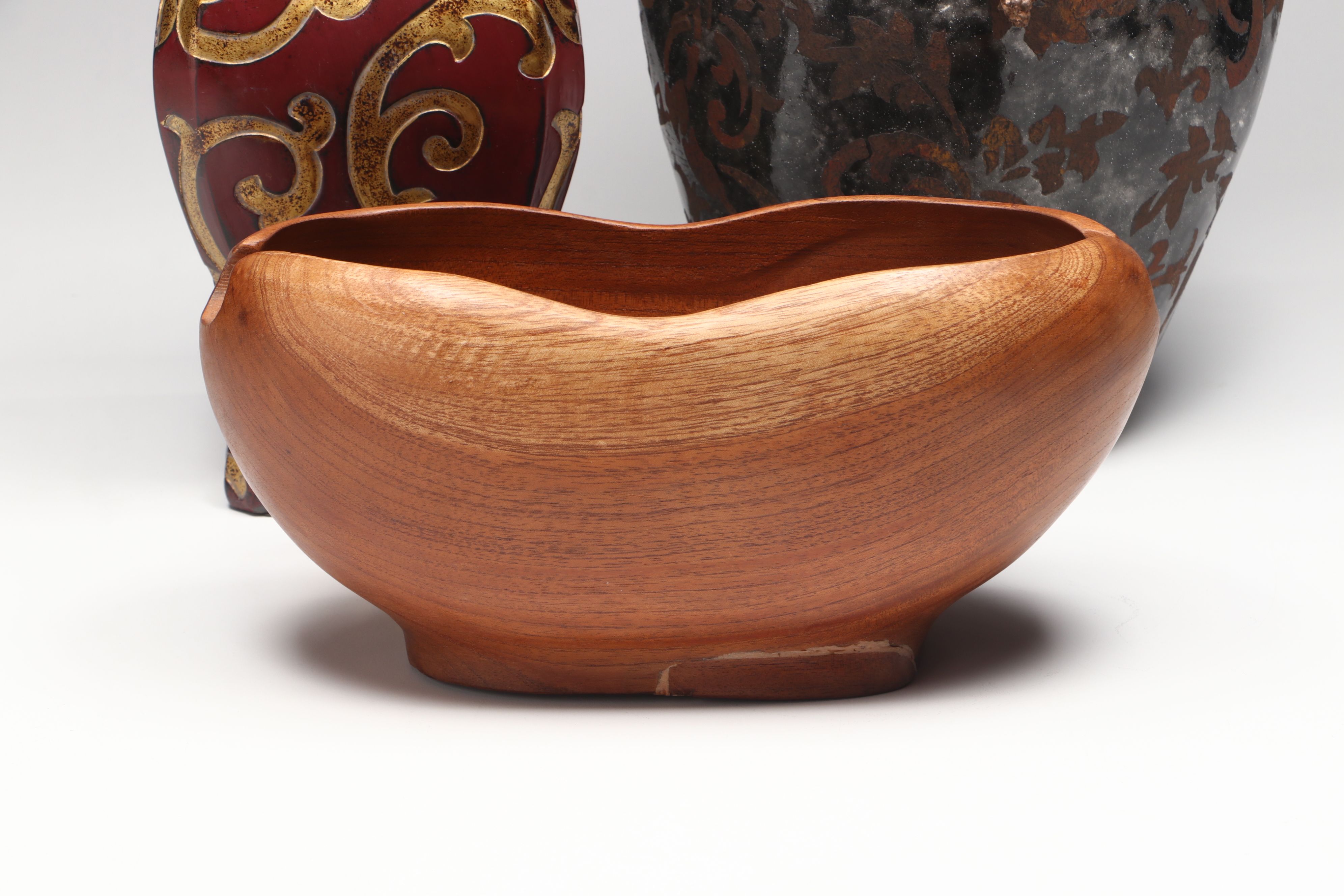 Gunmetal Glaze Bottleneck Vase with Wooden Centerpiece Bowl and More