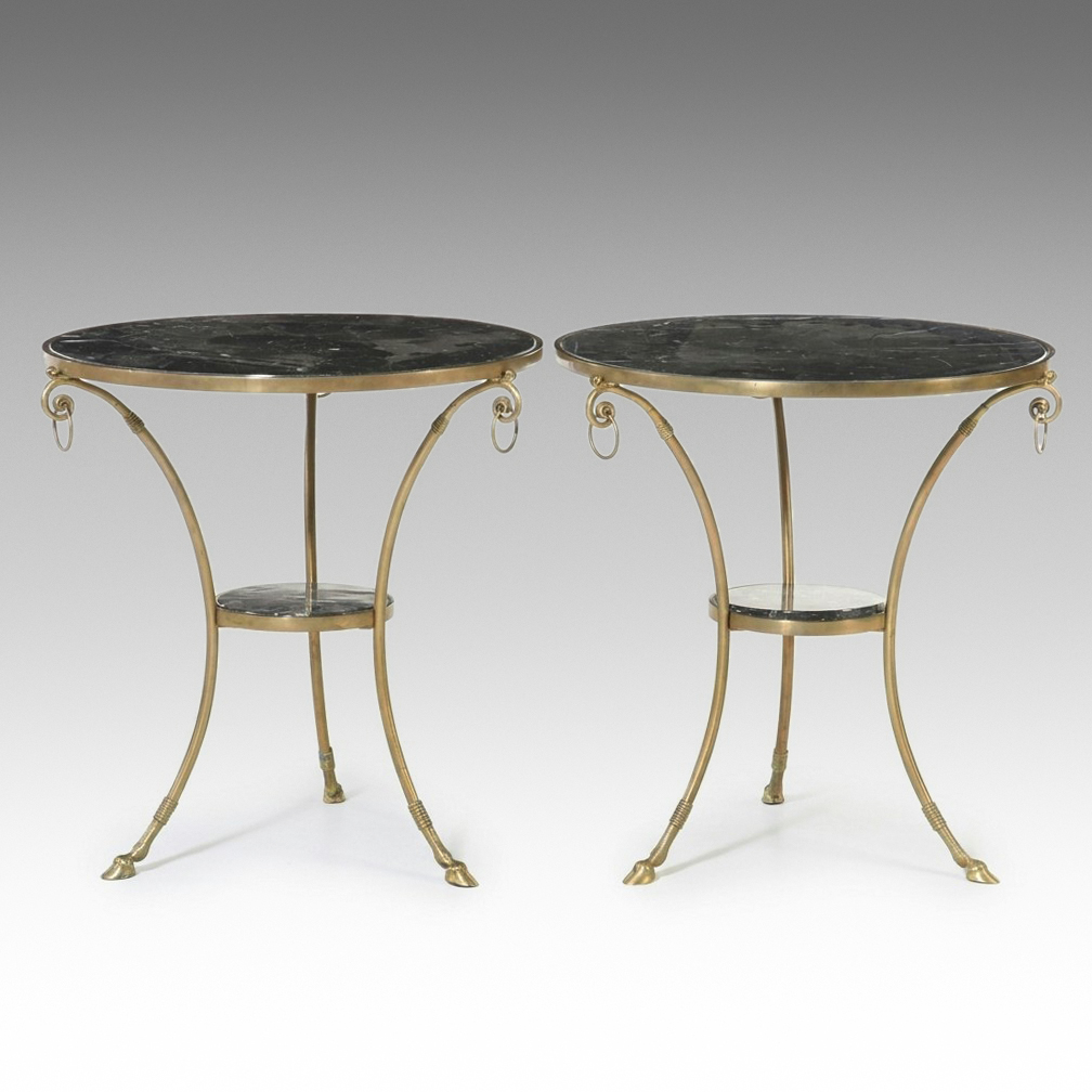 Pair of Neoclassical Style Brass and Marble Gueridon Side Tables