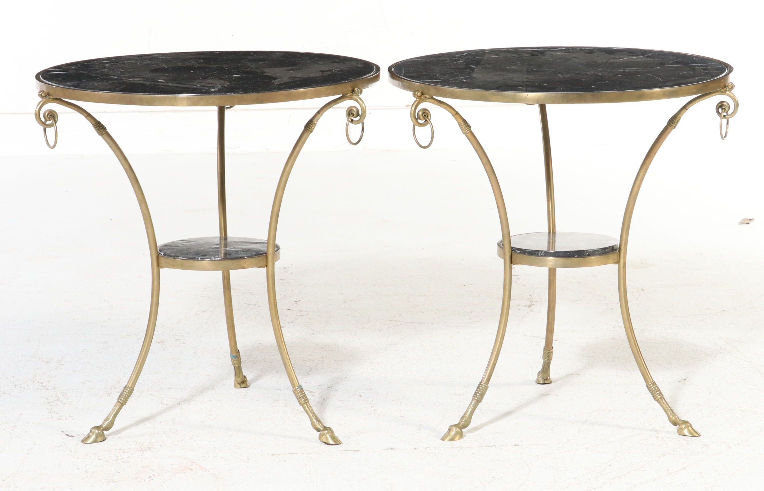 Pair of Neoclassical Style Brass and Marble Gueridon Side Tables