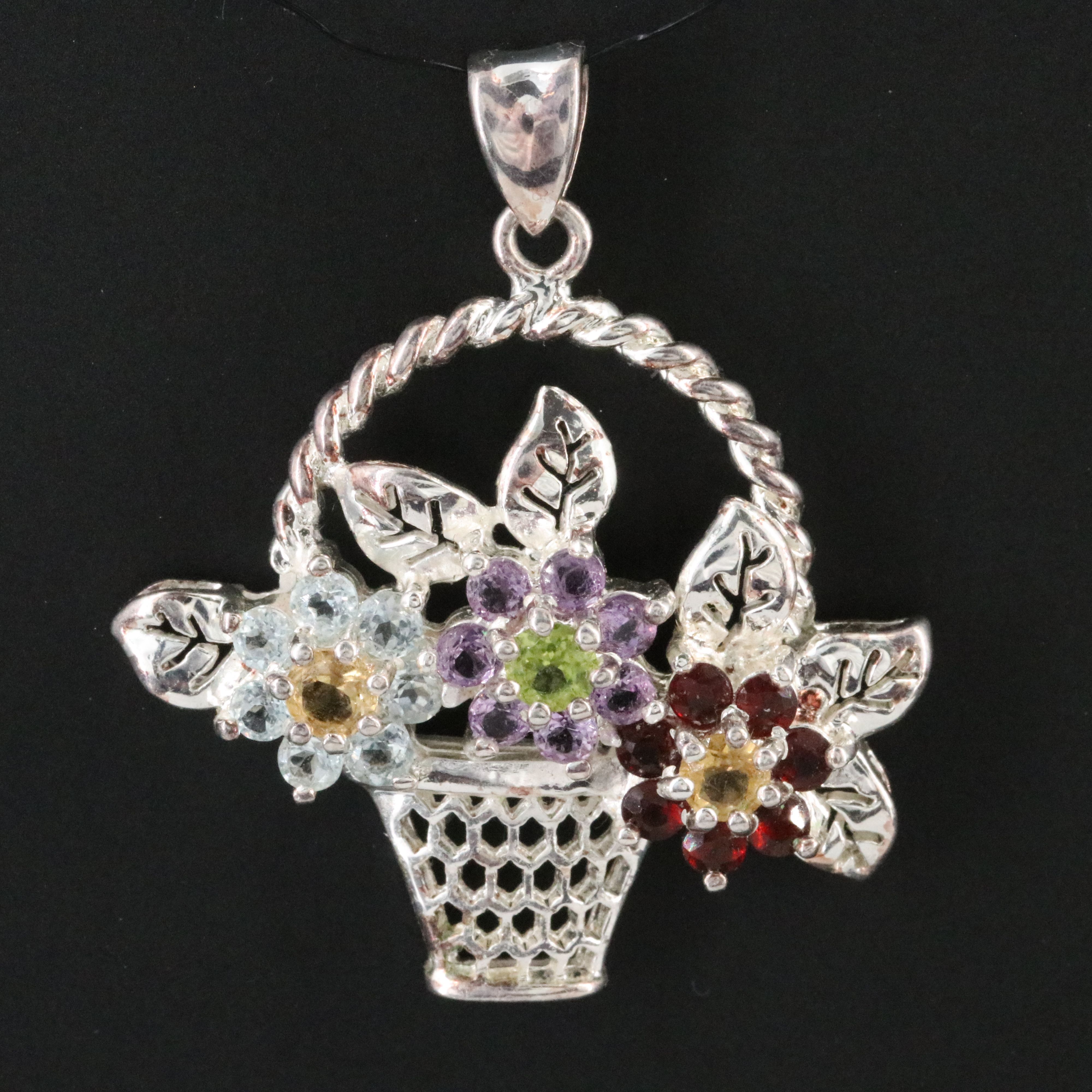 Sterling and Gemstone Basket of Flowers Pendant