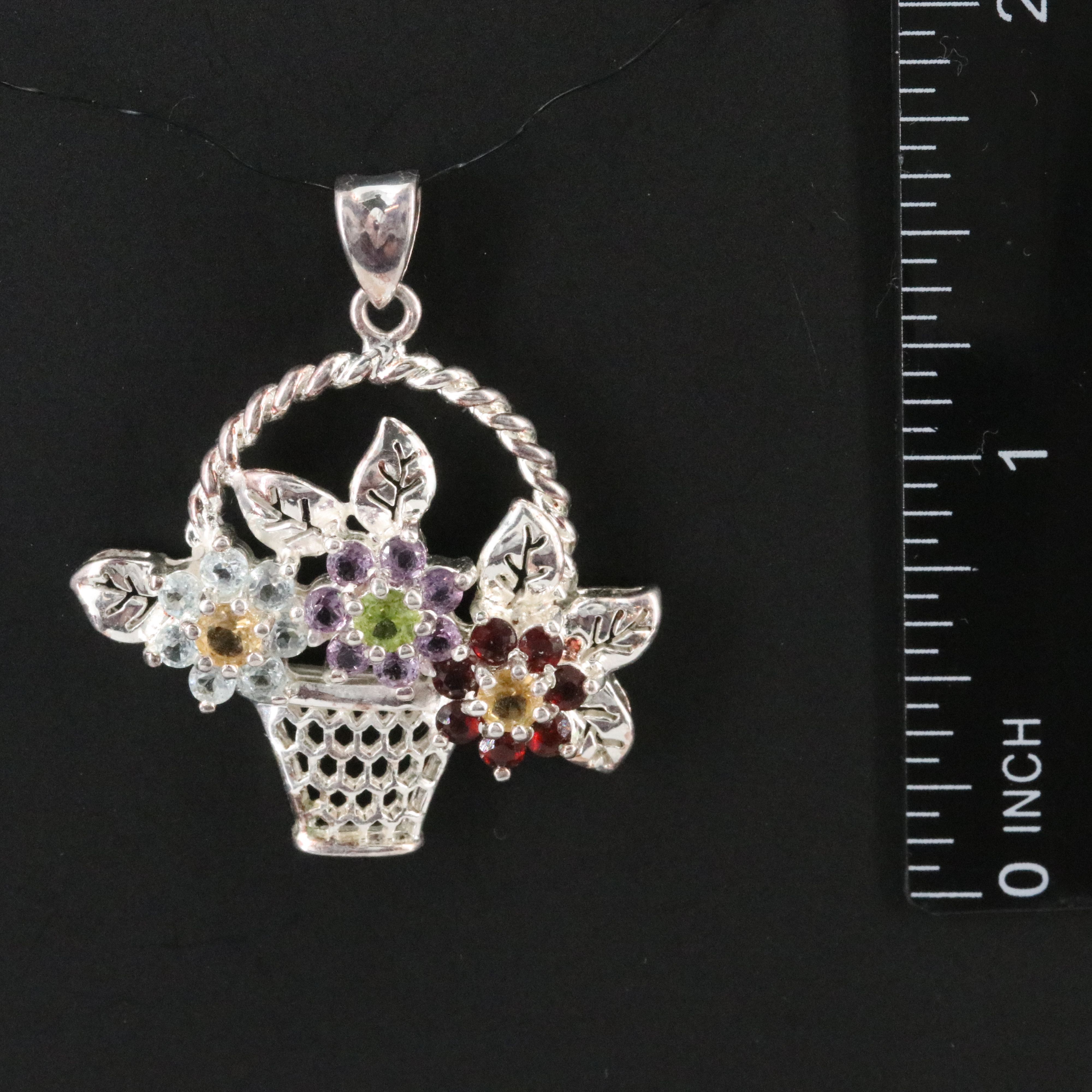 Sterling and Gemstone Basket of Flowers Pendant