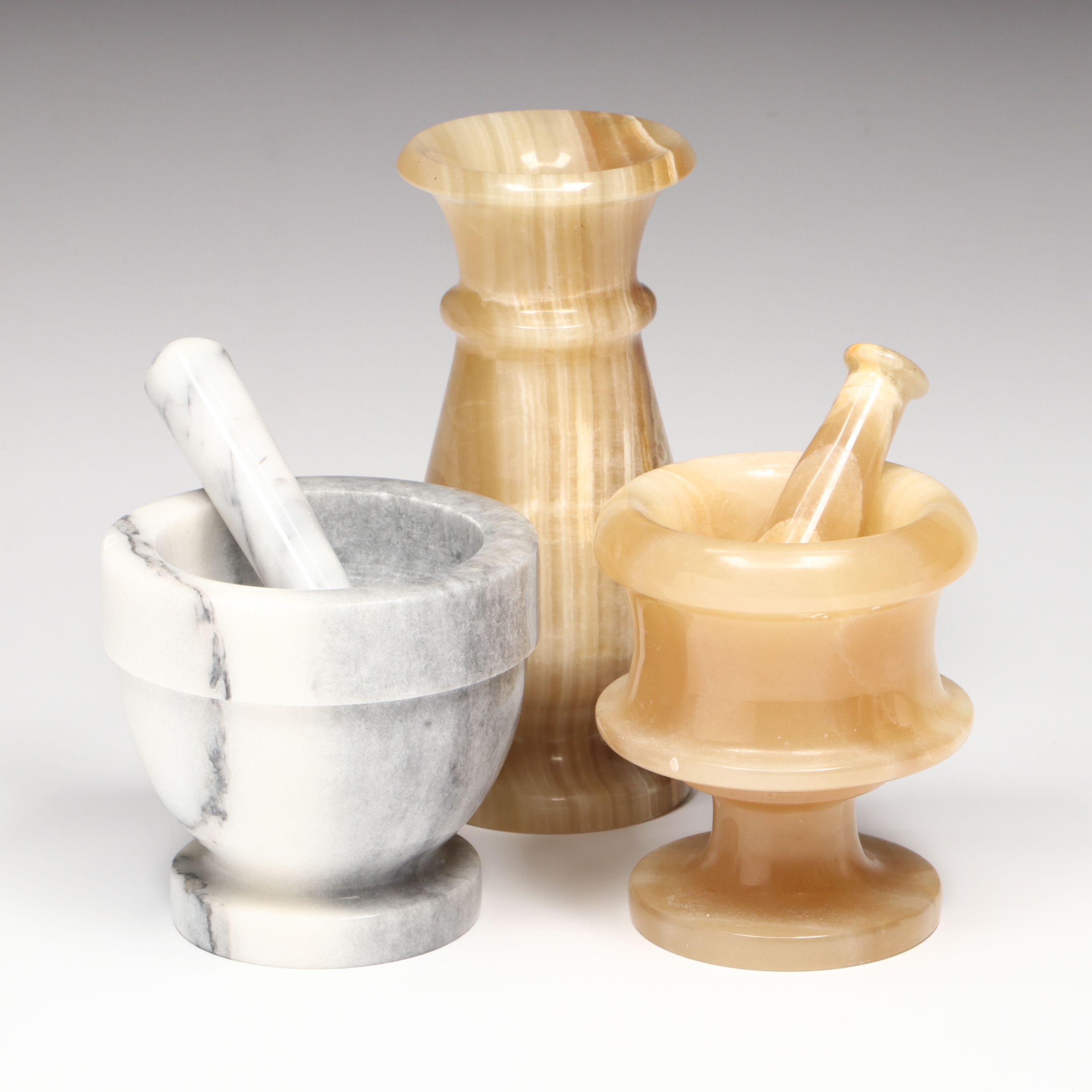 Banded Calcite and White Marble Mortar and Pestles with Banded Calcite Vase