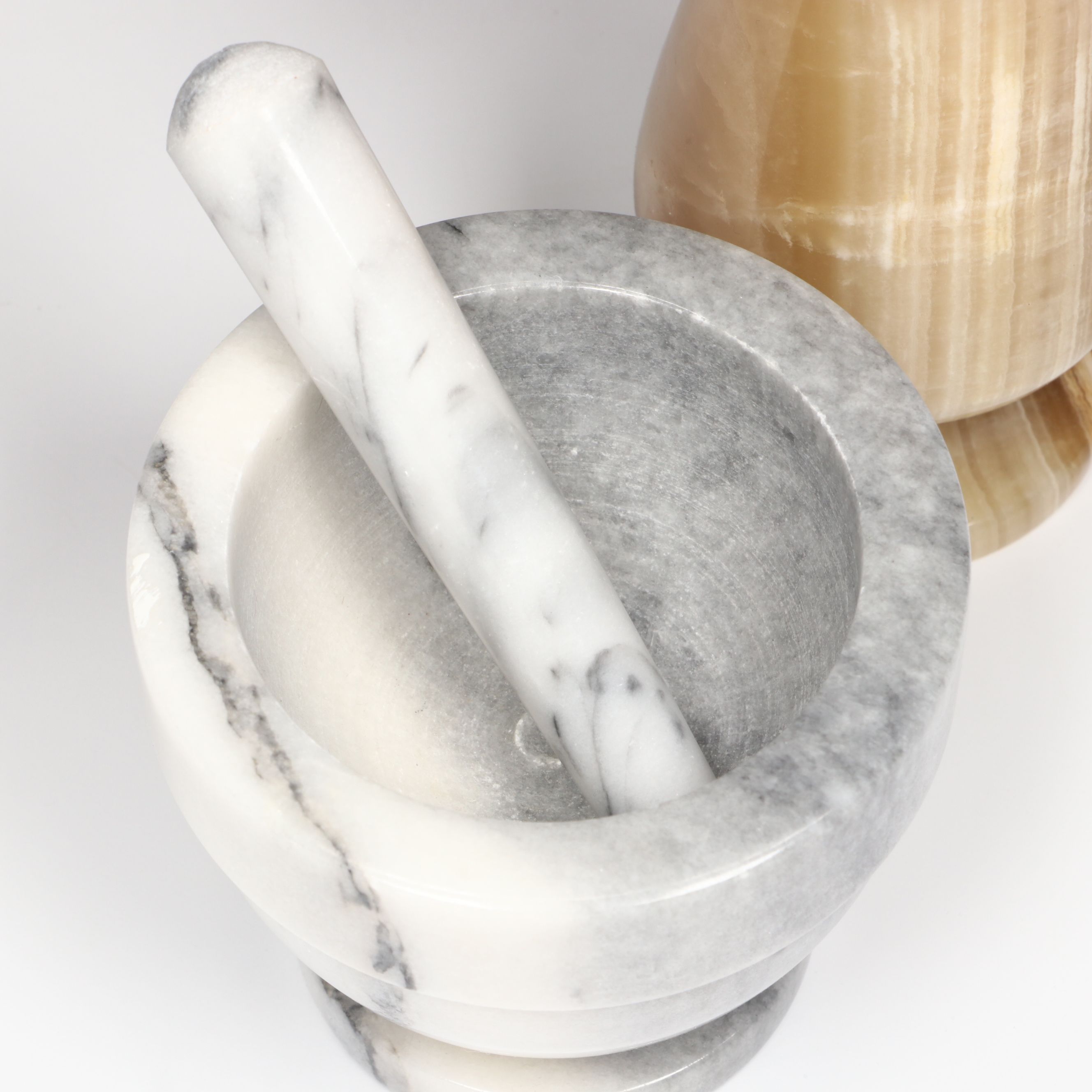 Banded Calcite and White Marble Mortar and Pestles with Banded Calcite Vase