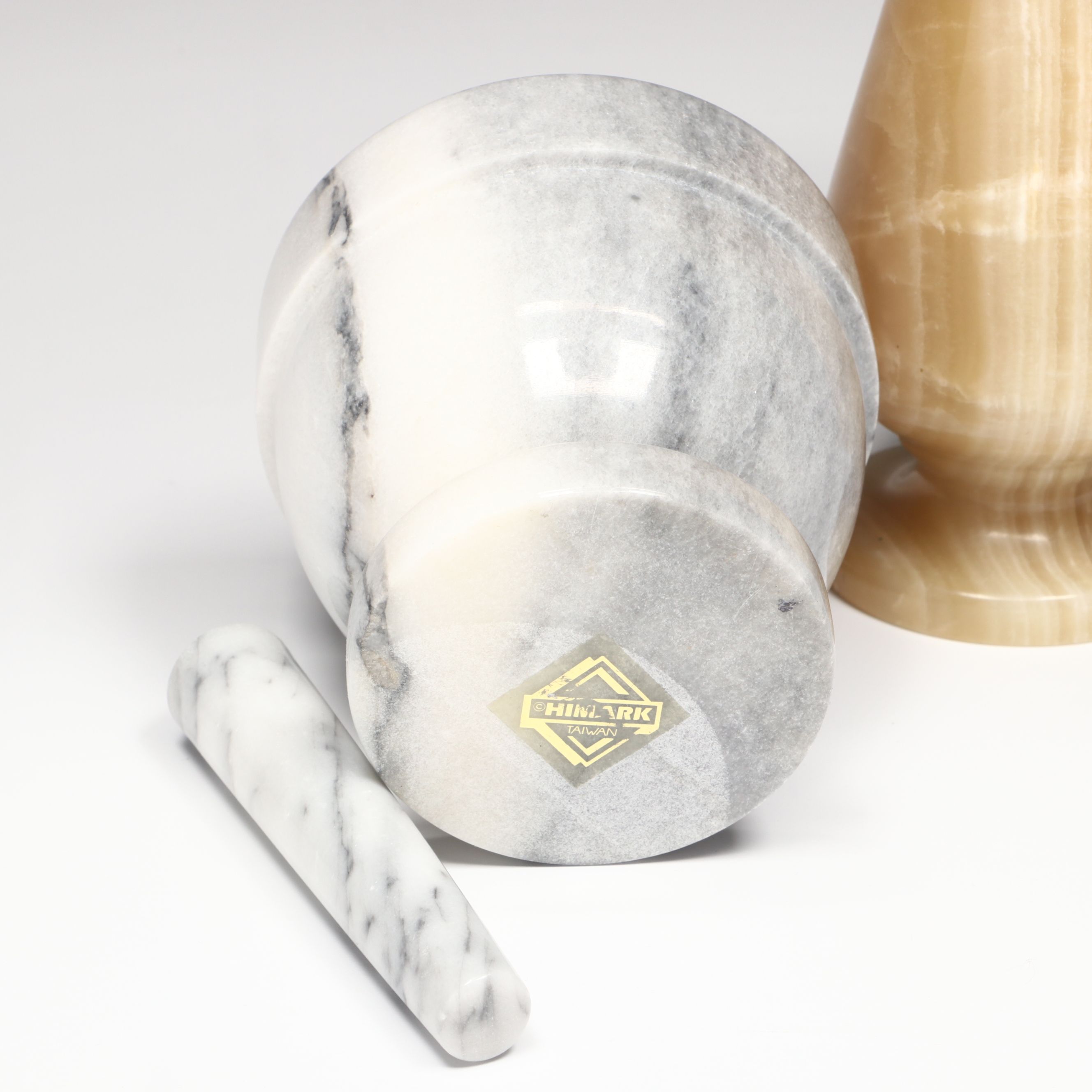 Banded Calcite and White Marble Mortar and Pestles with Banded Calcite Vase
