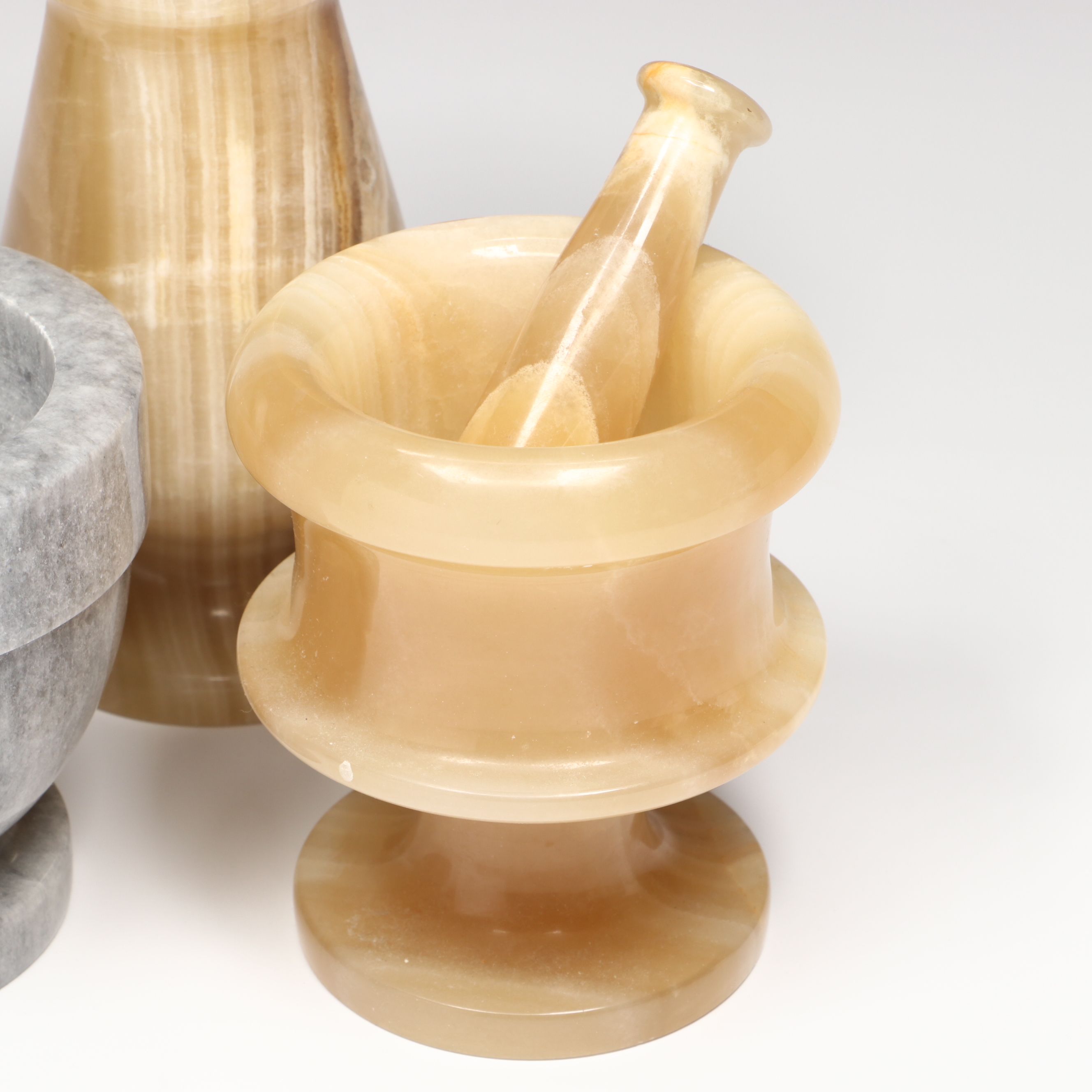 Banded Calcite and White Marble Mortar and Pestles with Banded Calcite Vase