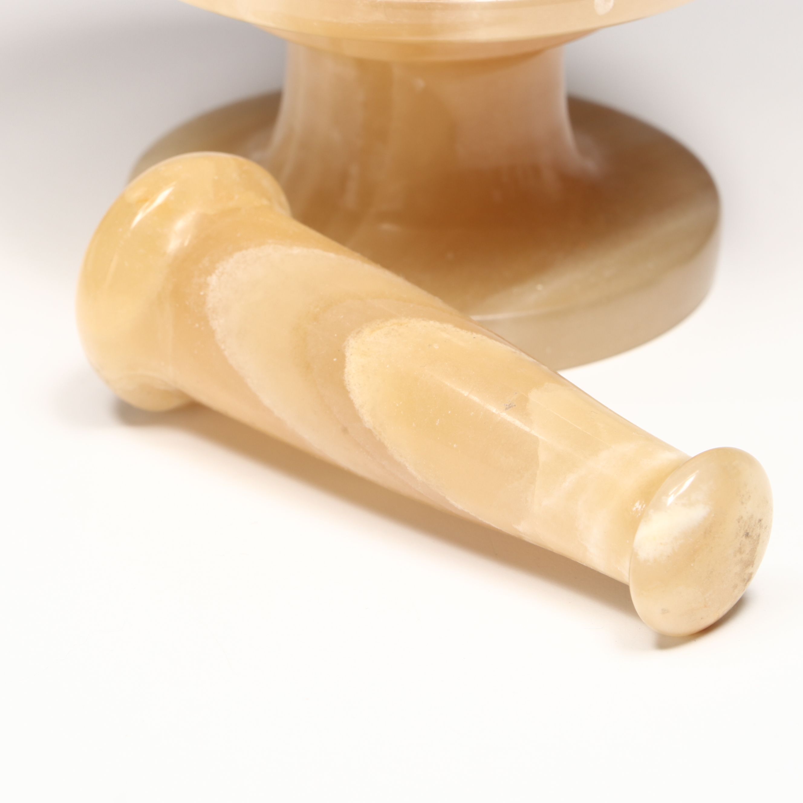 Banded Calcite and White Marble Mortar and Pestles with Banded Calcite Vase