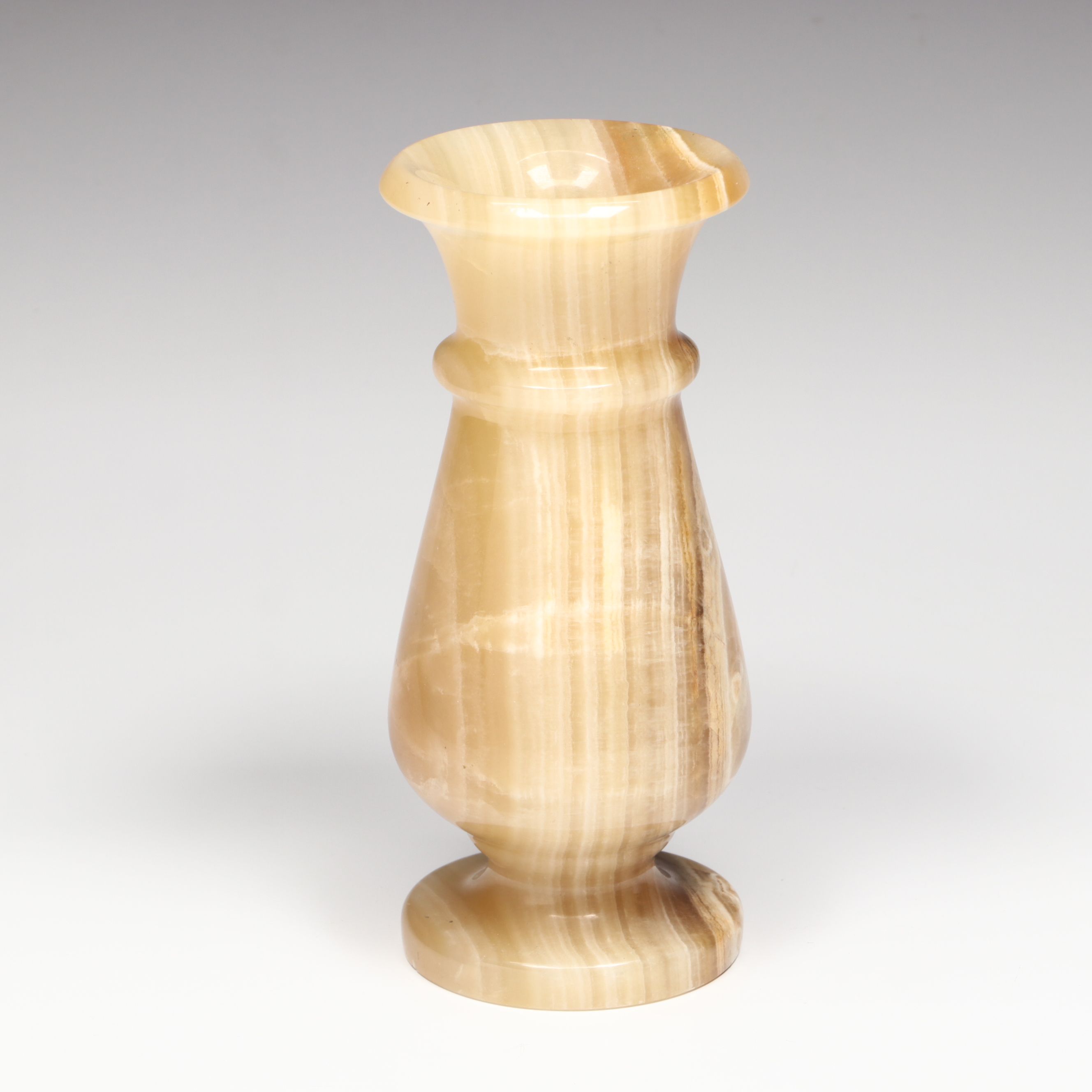 Banded Calcite and White Marble Mortar and Pestles with Banded Calcite Vase