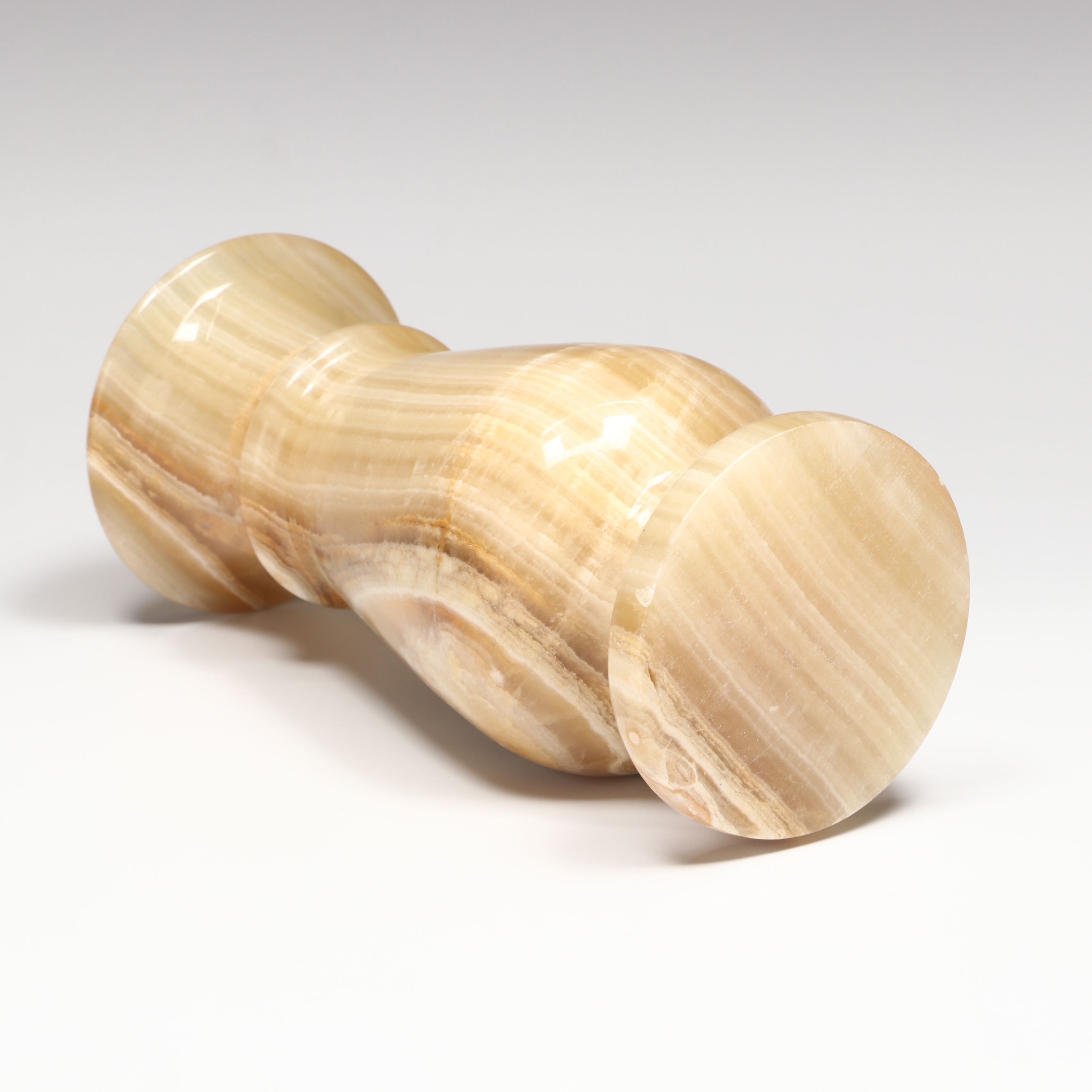 Banded Calcite and White Marble Mortar and Pestles with Banded Calcite Vase