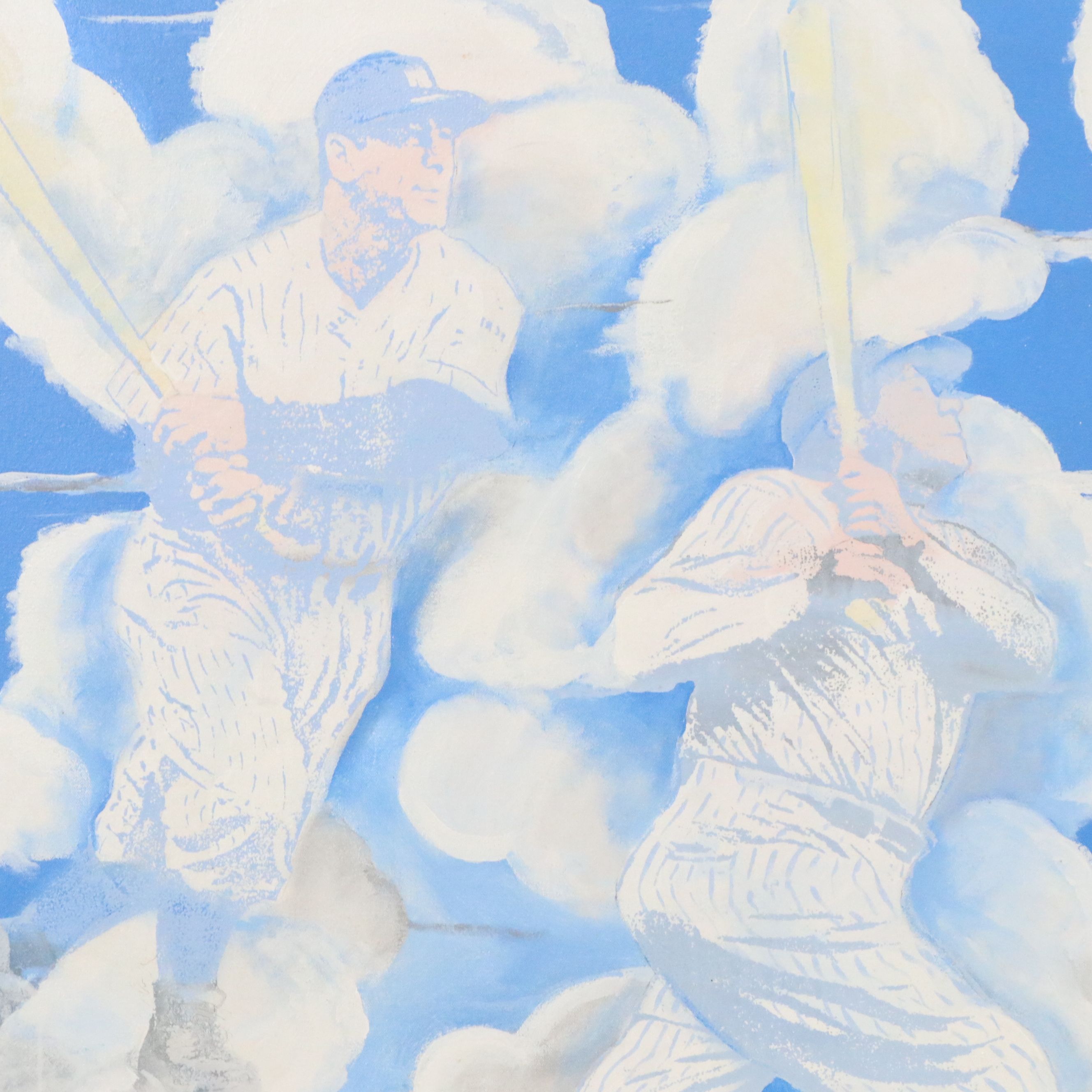 John Wilson Acrylic Painting of Baseball Players Over Yankee Stadium