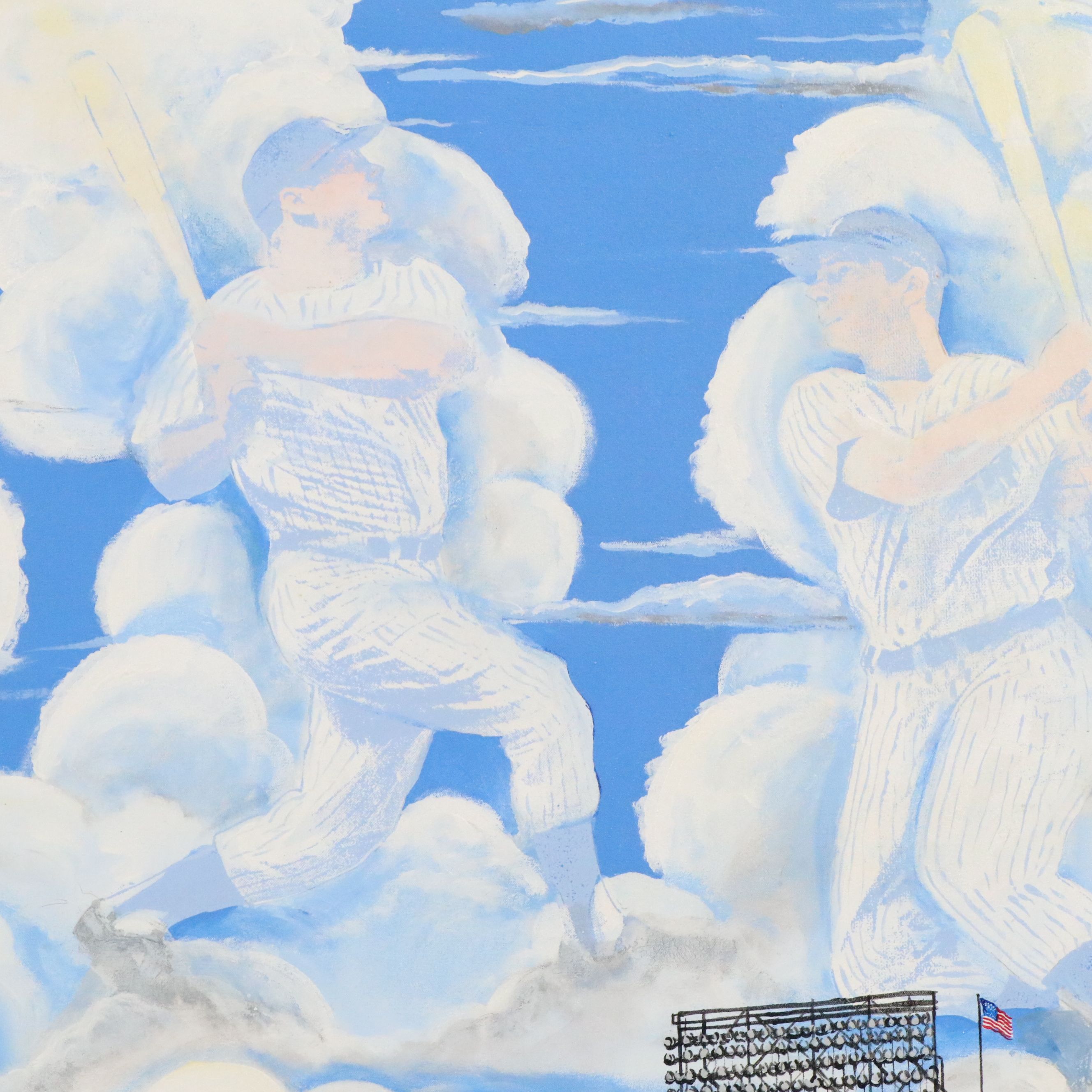 John Wilson Acrylic Painting of Baseball Players Over Yankee Stadium