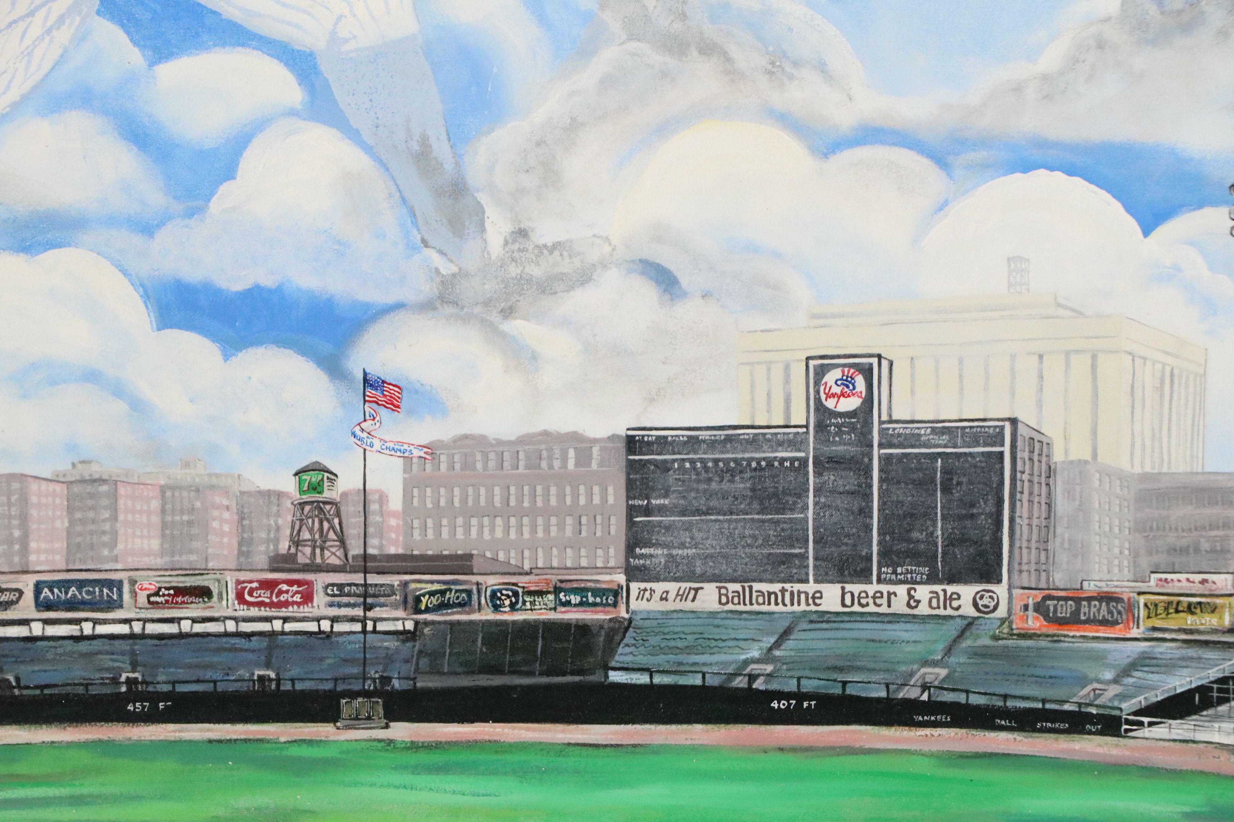 John Wilson Acrylic Painting of Baseball Players Over Yankee Stadium