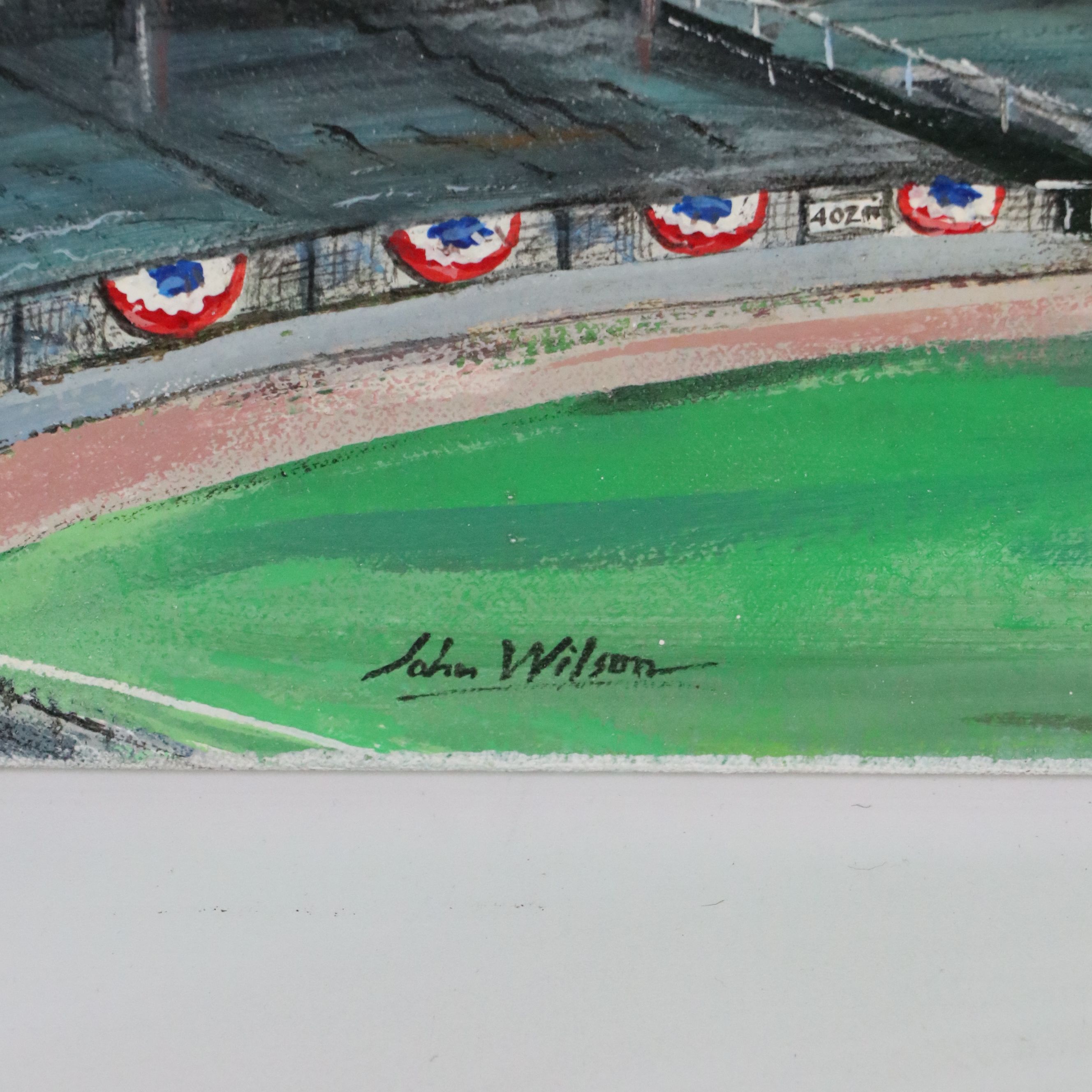 John Wilson Acrylic Painting of Baseball Players Over Yankee Stadium